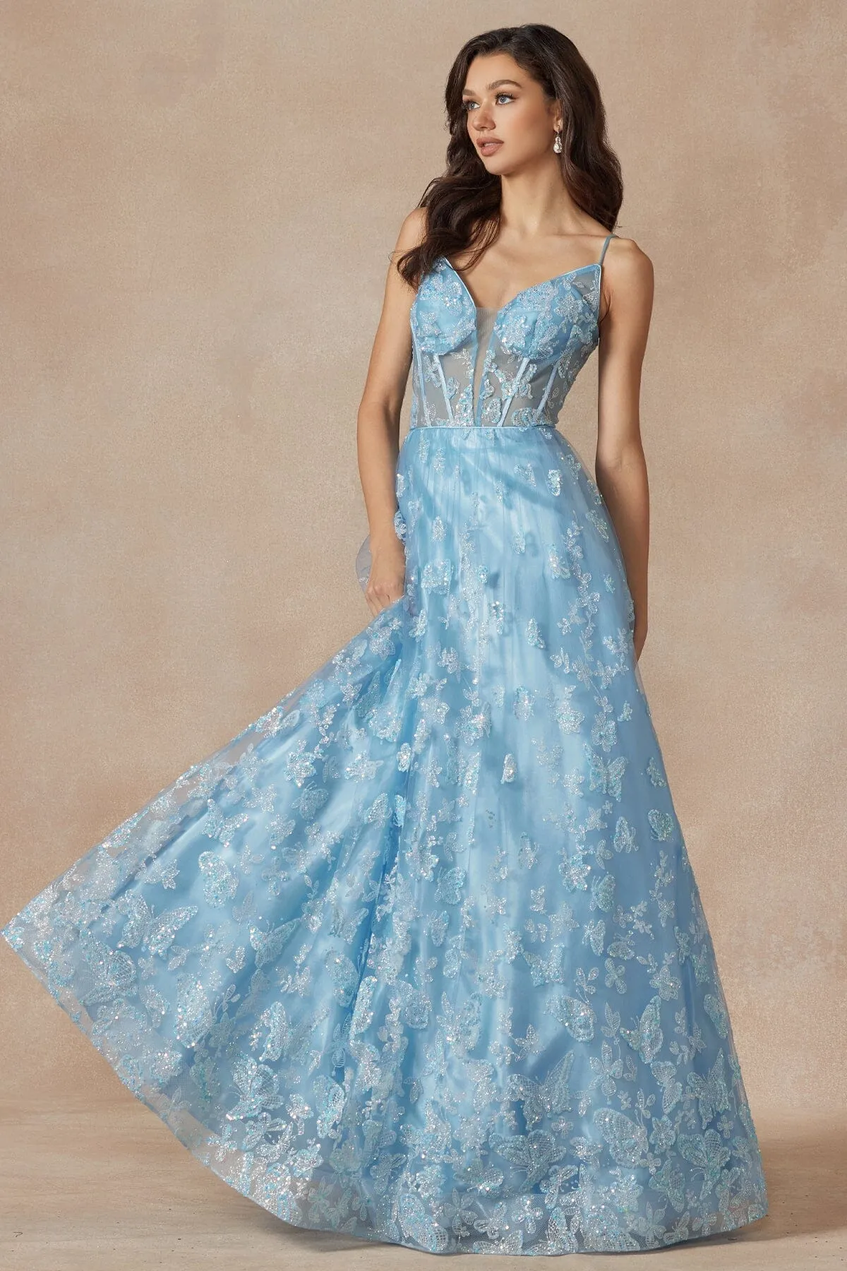 Glitter Butterfly Print Sleeveless Corset Gown by Juliet 2413