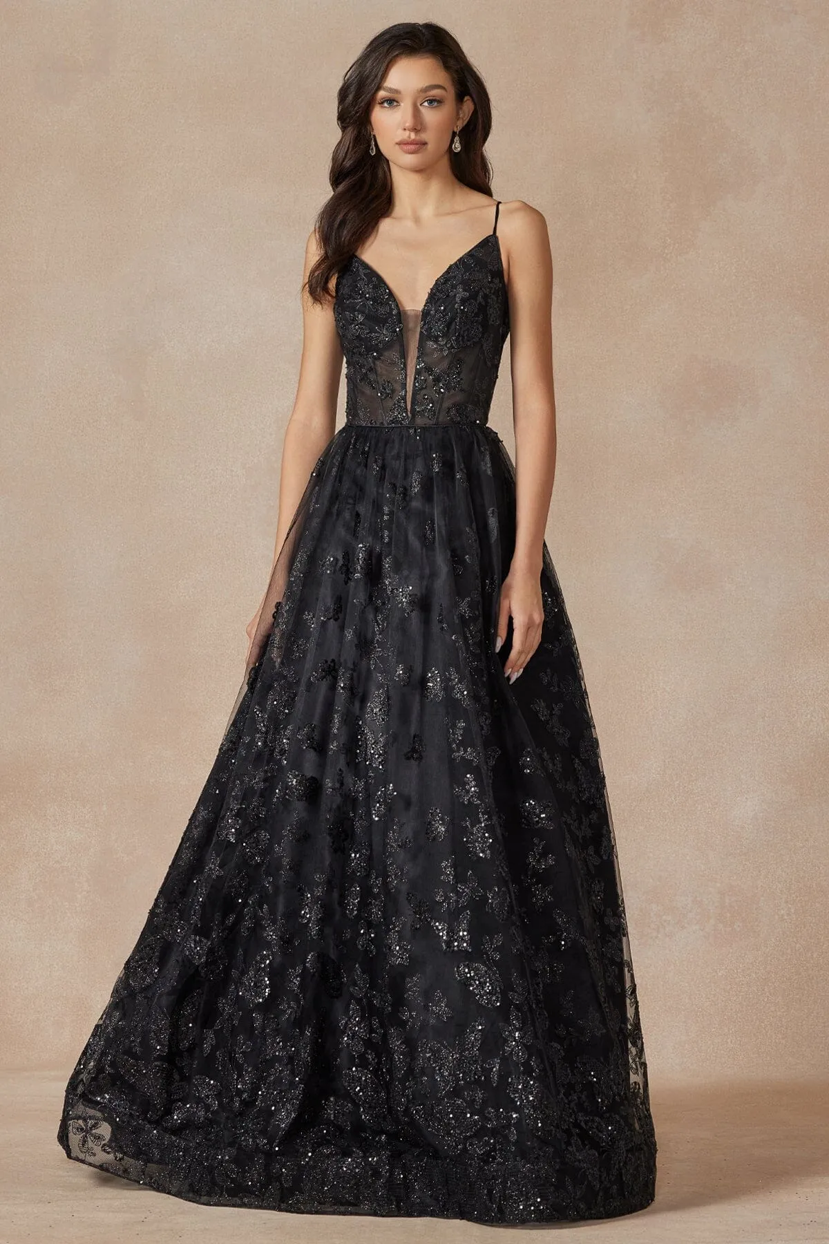 Glitter Butterfly Print Sleeveless Corset Gown by Juliet 2413