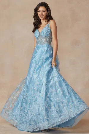 Glitter Butterfly Print Sleeveless Corset Gown by Juliet 2413