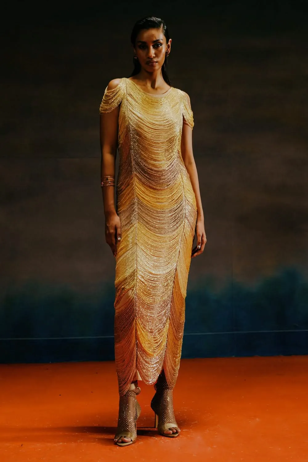 Gold Ombre Net Tassel Dress