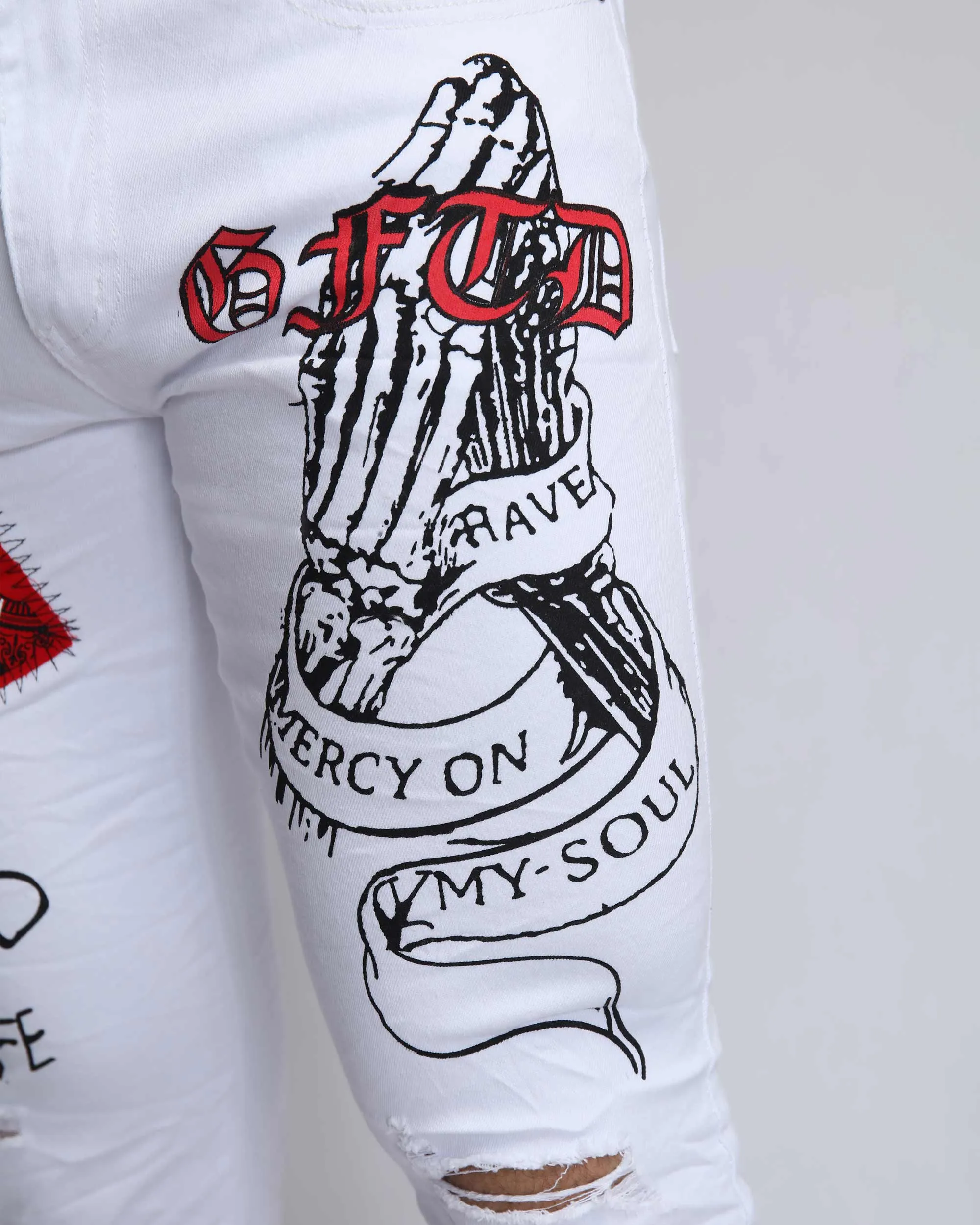 Graffiti Ripped White Jeans with Red Patches and Cashew Flower Elements