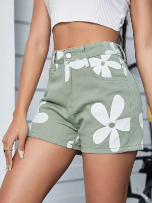 Green Floral Print Denim Shorts