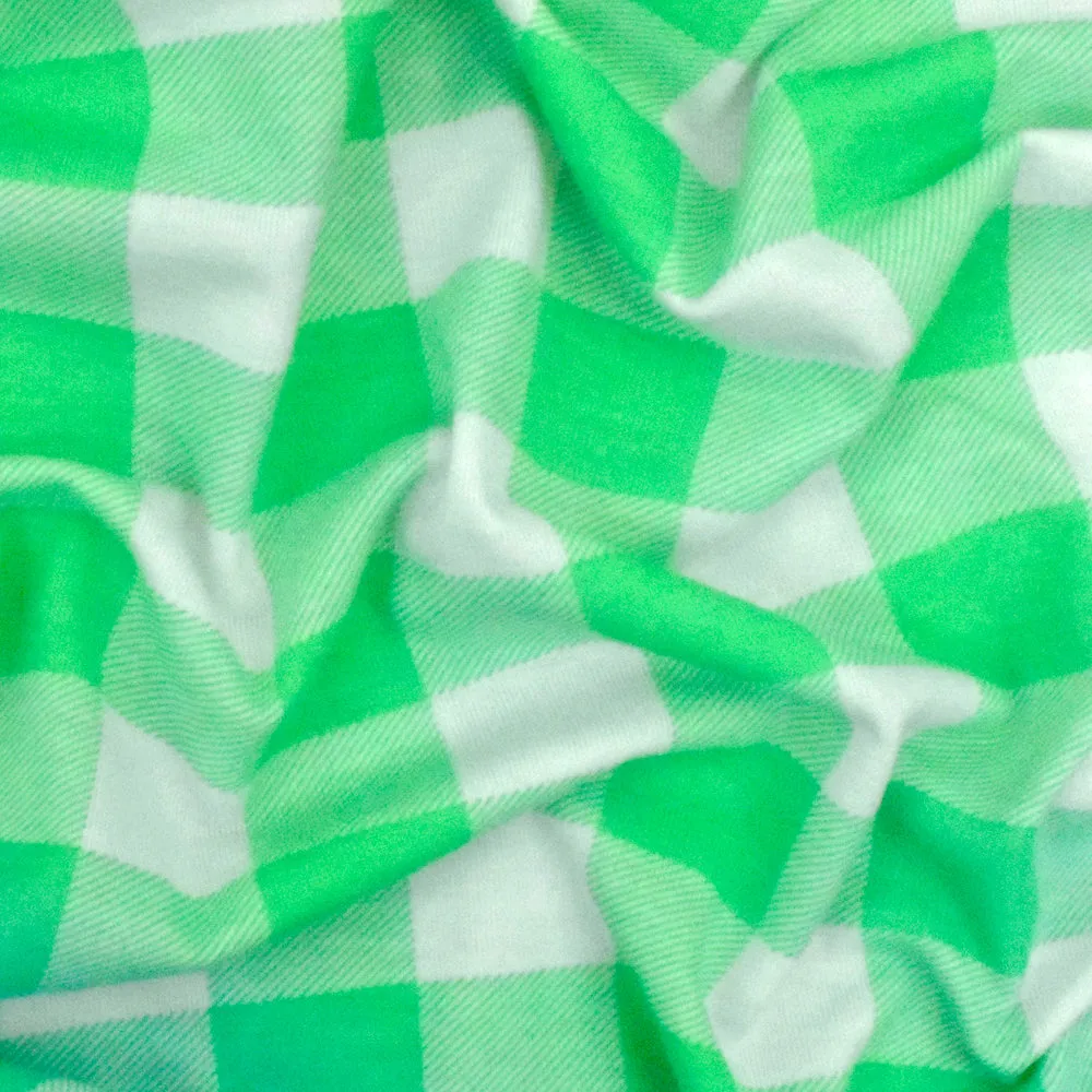 Green-Jade-White Gingham Printed Stretch Polyester Jersey Knit Fabric