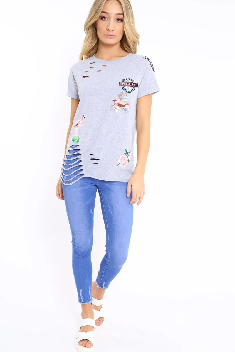 Grey Distressed Embellished T-Shirt - Arya