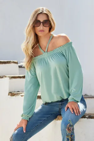 Halter Strap Off The Shoulder Effortless Knit Top Sage