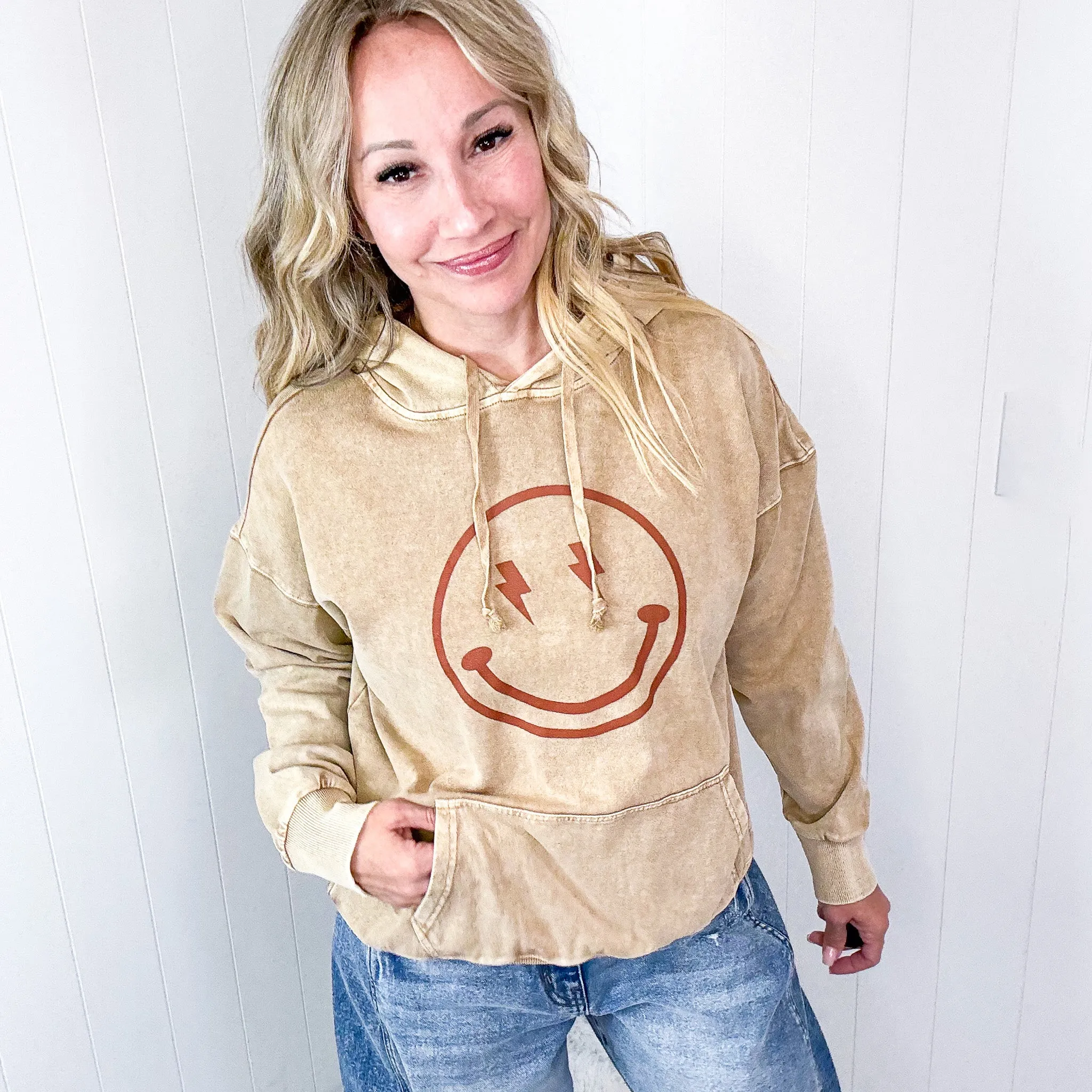 Happy Bliss Mineral Washed Long Sleeve Hoodie In 4 Options