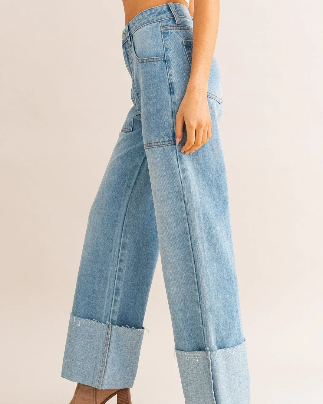 High Waisted Wide Leg Cuffed Jeans - Light Denim