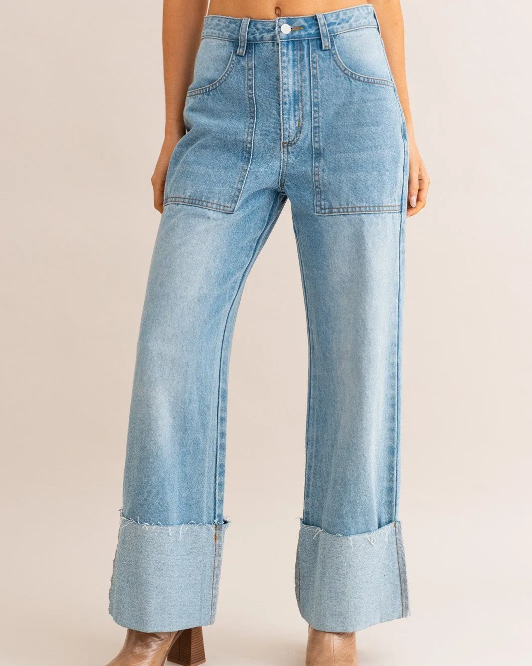 High Waisted Wide Leg Cuffed Jeans - Light Denim