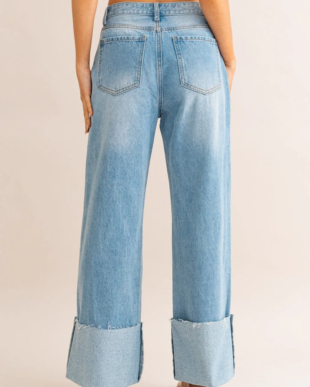 High Waisted Wide Leg Cuffed Jeans - Light Denim