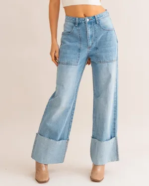 High Waisted Wide Leg Cuffed Jeans - Light Denim