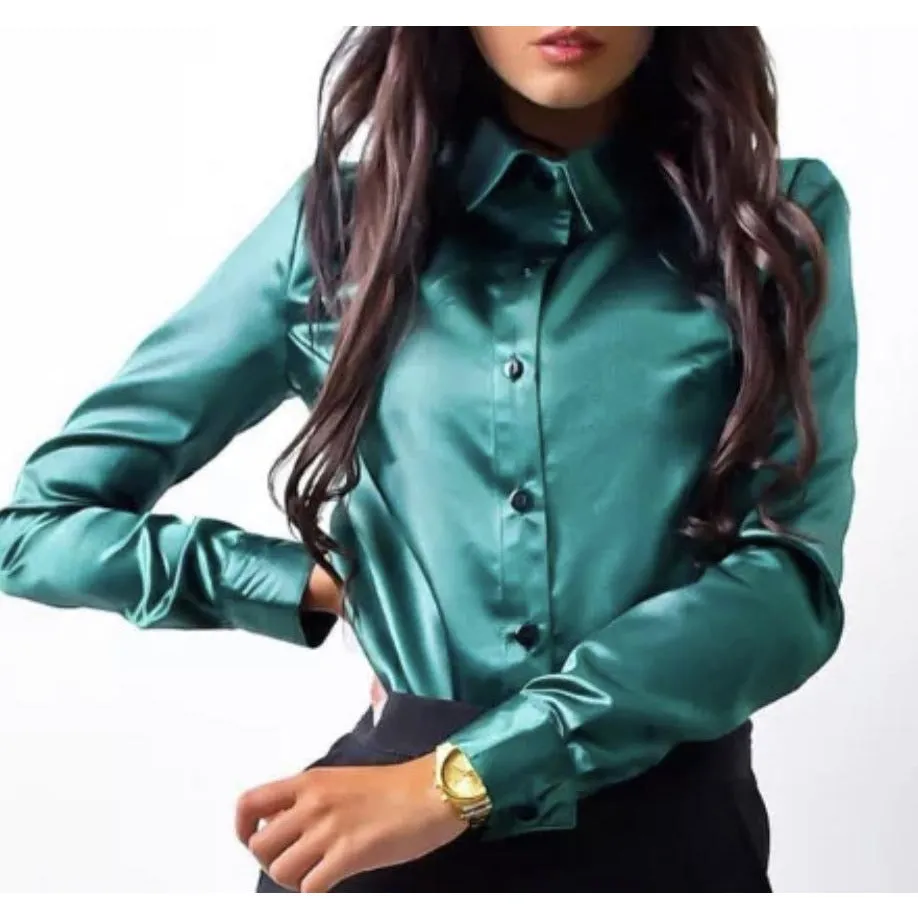 Image Diva Sexy Long Sleeve Turndown Collar Cotton Satin Sateen Blouse Shirt Solid Green