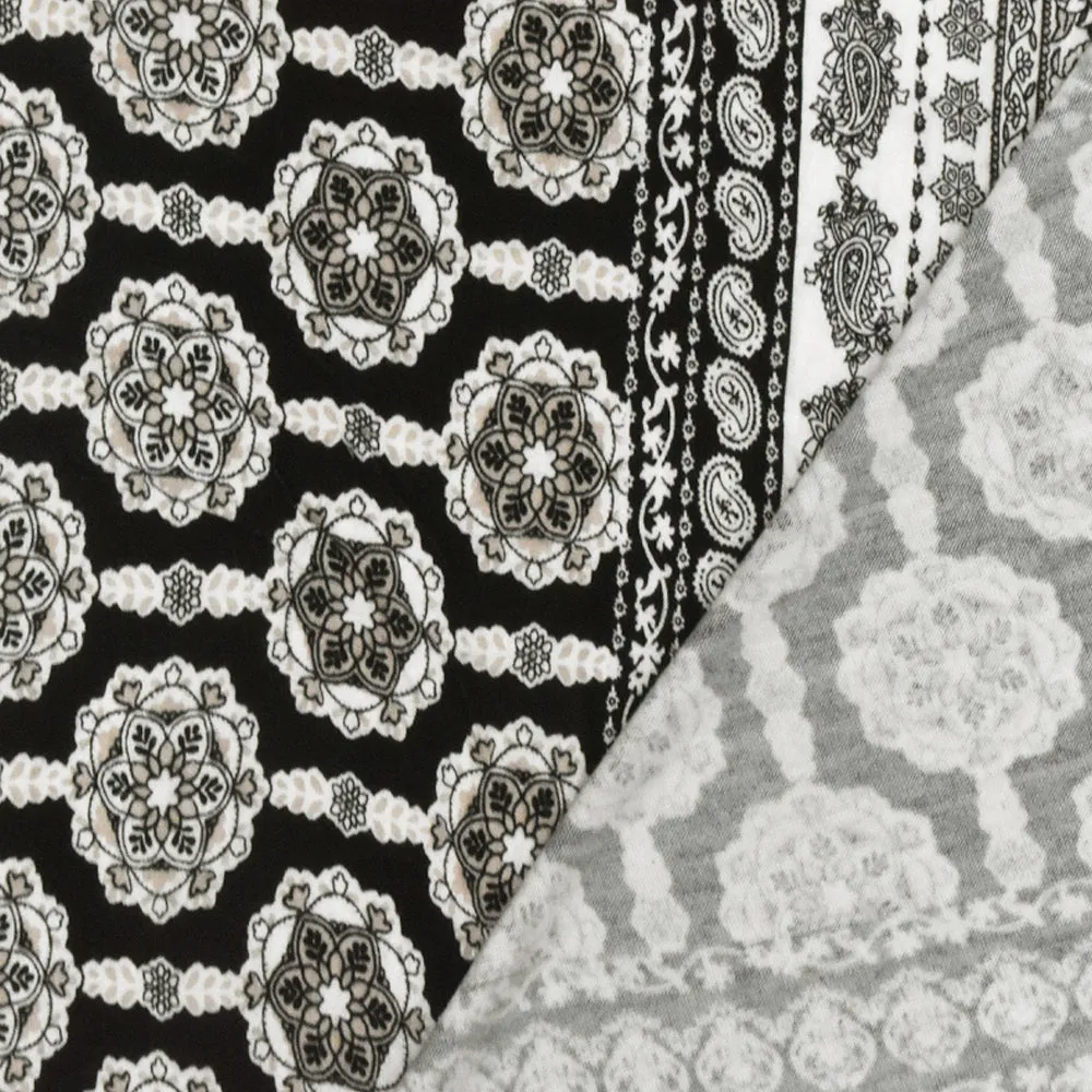 Ivory-Black-Beige Mix Pattern Printed Rayon Stretch Jersey Knit Fabric