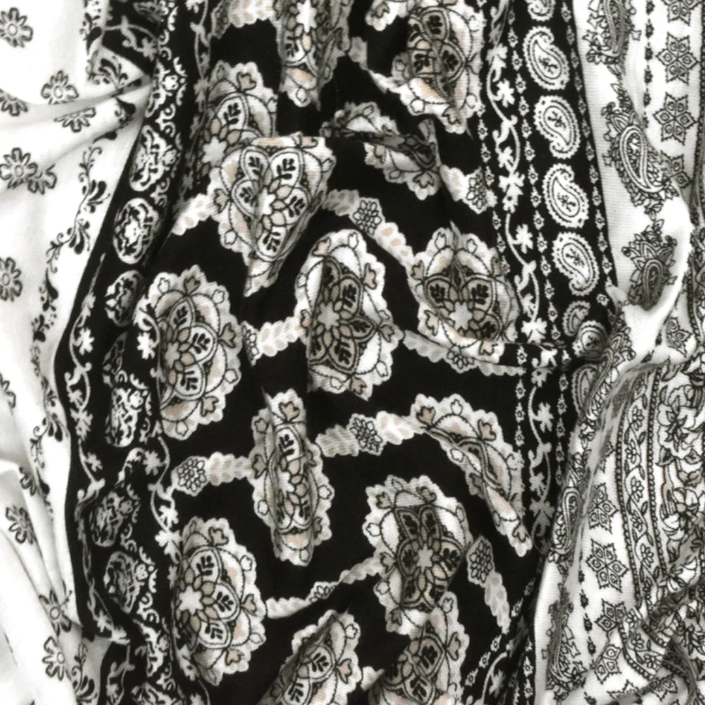 Ivory-Black-Beige Mix Pattern Printed Rayon Stretch Jersey Knit Fabric