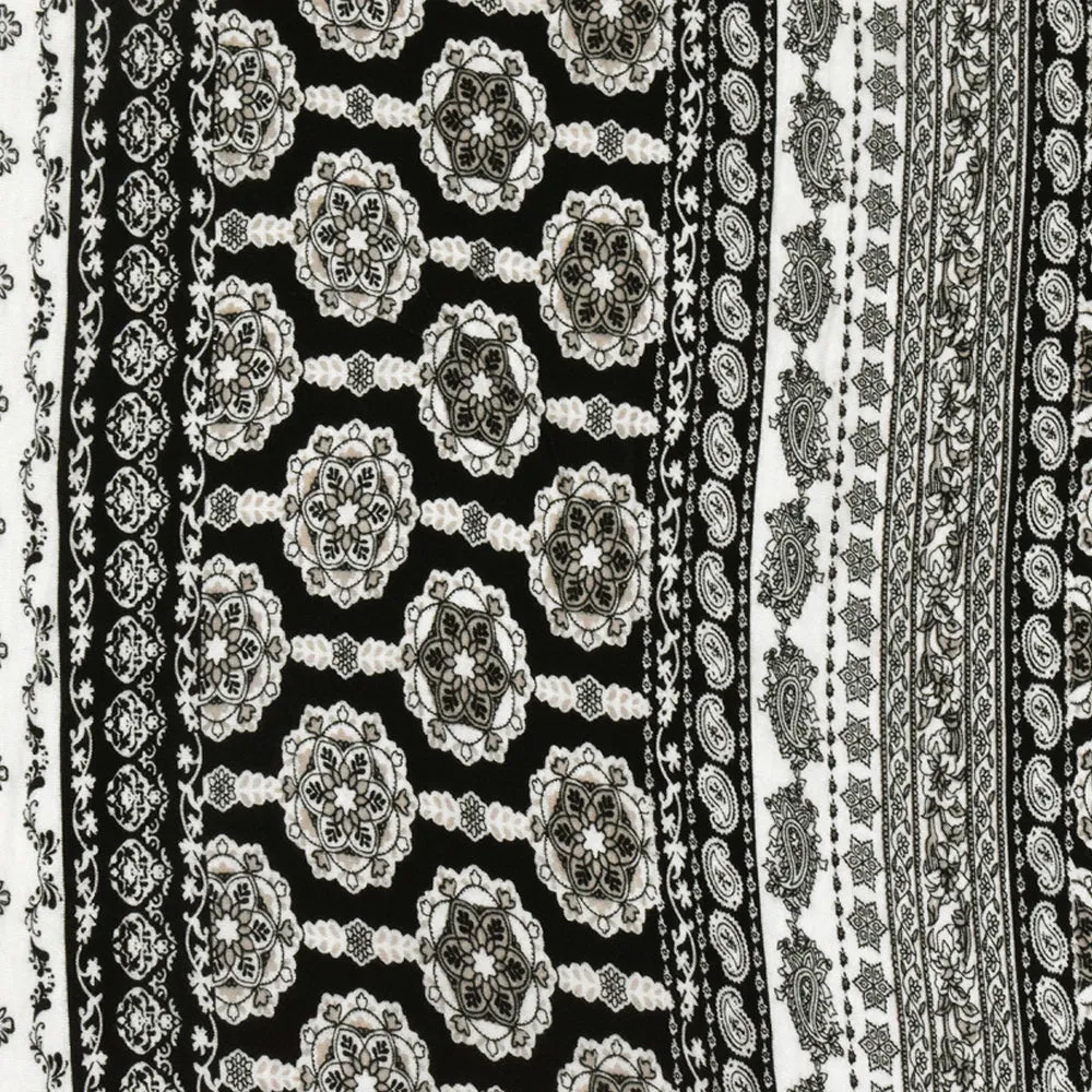 Ivory-Black-Beige Mix Pattern Printed Rayon Stretch Jersey Knit Fabric