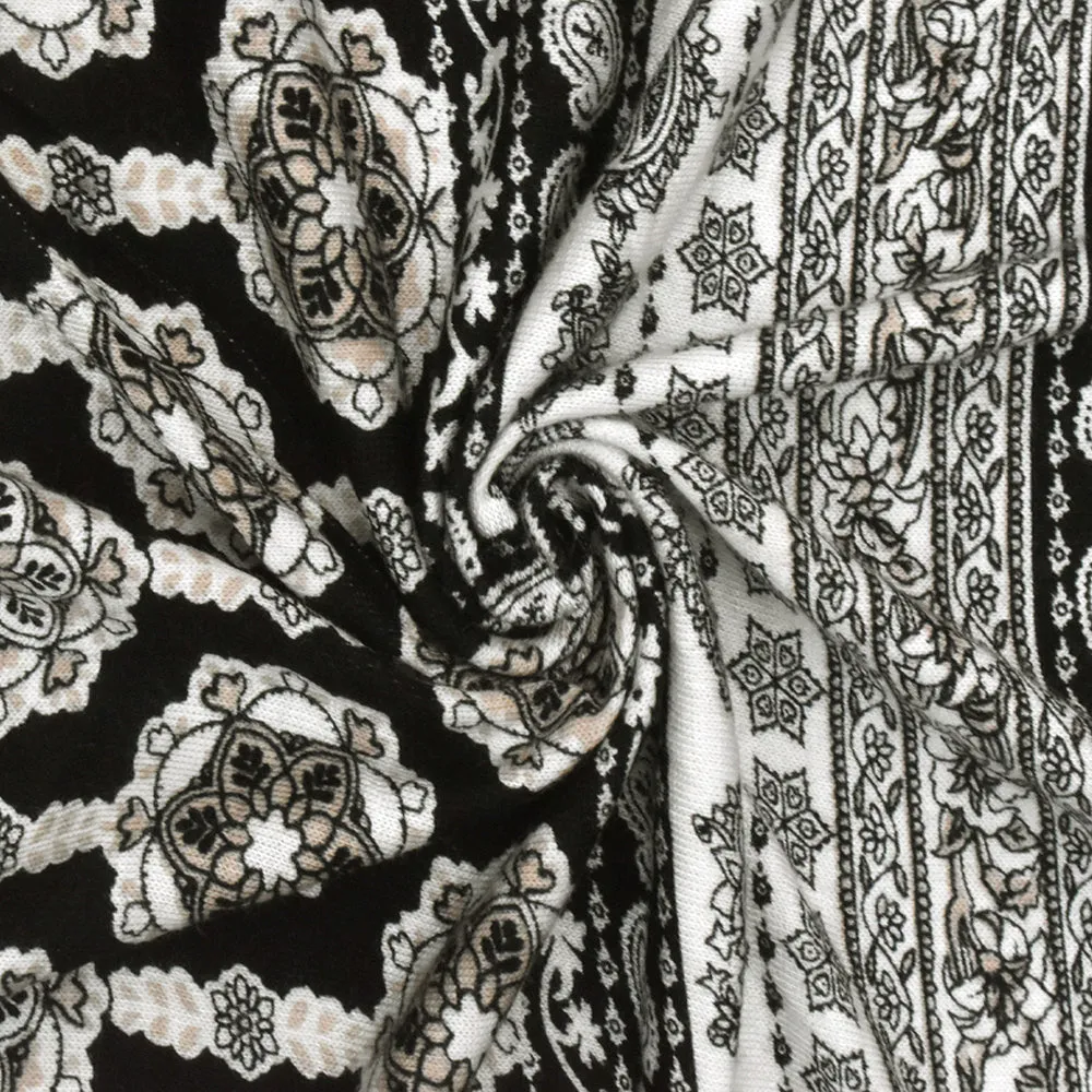 Ivory-Black-Beige Mix Pattern Printed Rayon Stretch Jersey Knit Fabric