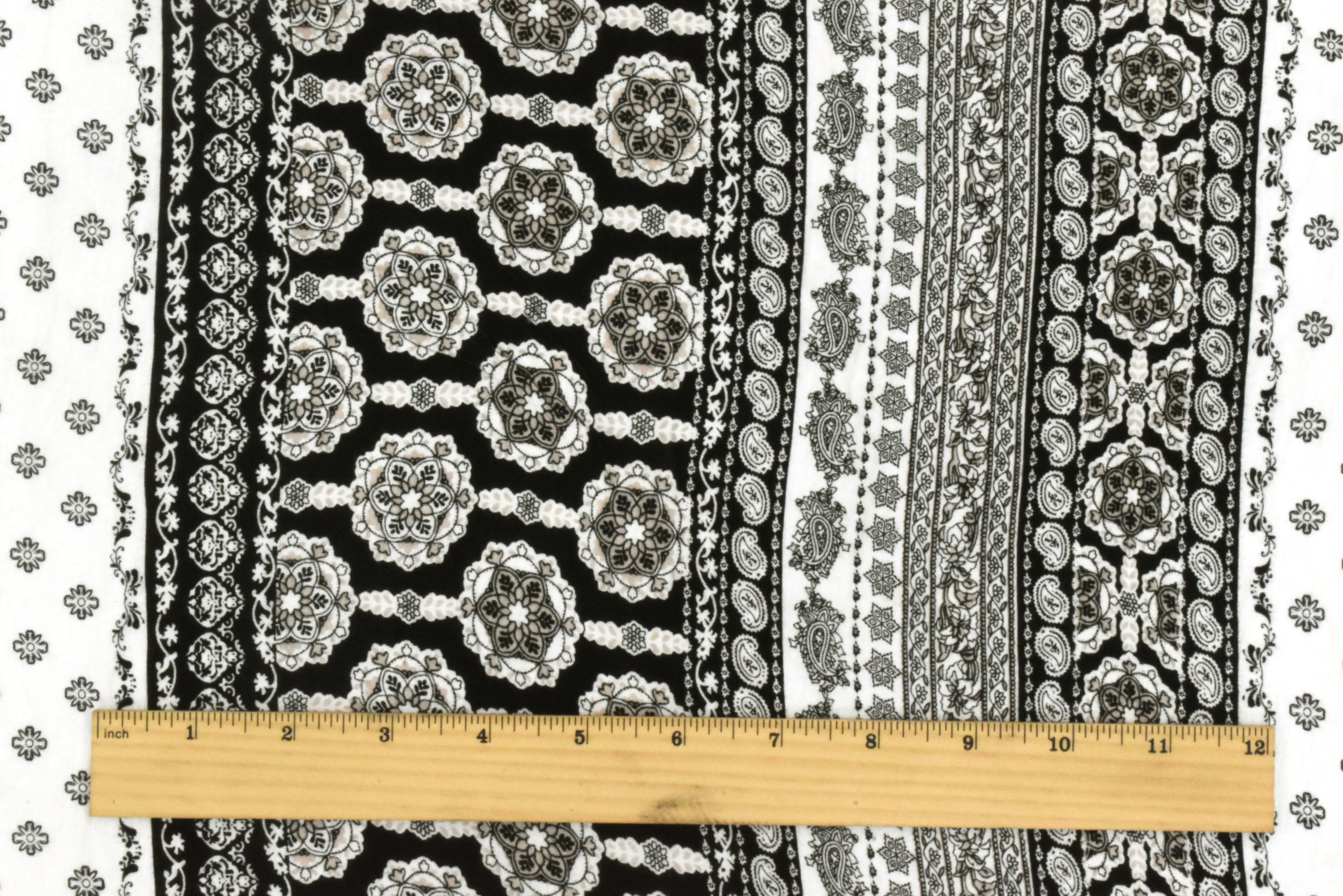 Ivory-Black-Beige Mix Pattern Printed Rayon Stretch Jersey Knit Fabric