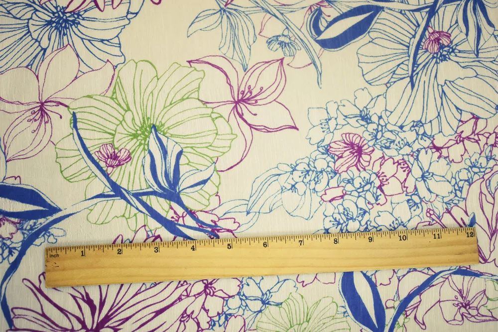 Ivory-Purple-Multi Floral Printed Poly Yoryu Chiffon Woven Fabric