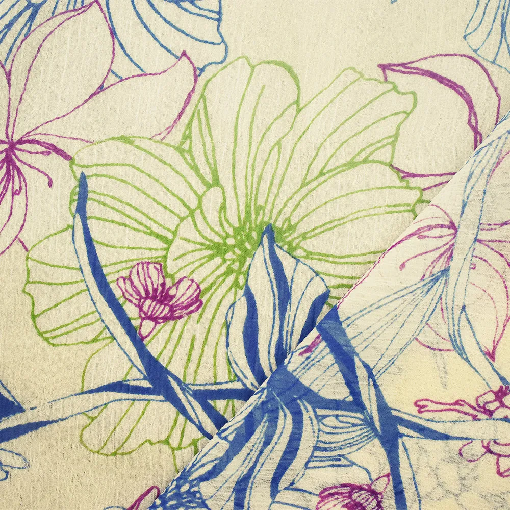 Ivory-Purple-Multi Floral Printed Poly Yoryu Chiffon Woven Fabric