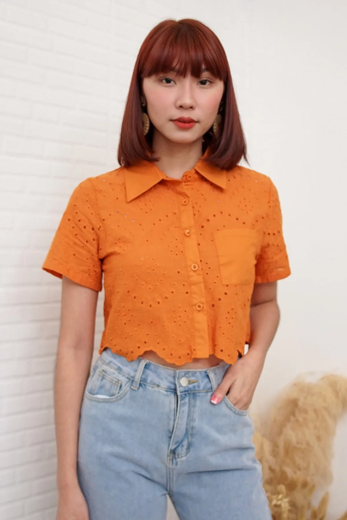JANE Cropped Button-Down Eyelet Top (Tangerine Orange)