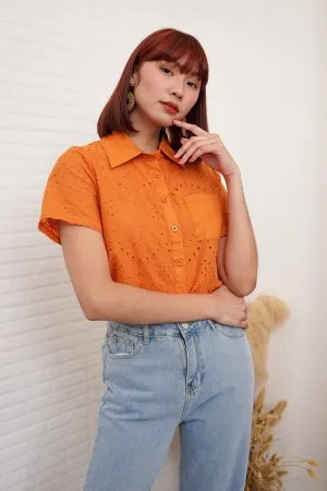 JANE Cropped Button-Down Eyelet Top (Tangerine Orange)