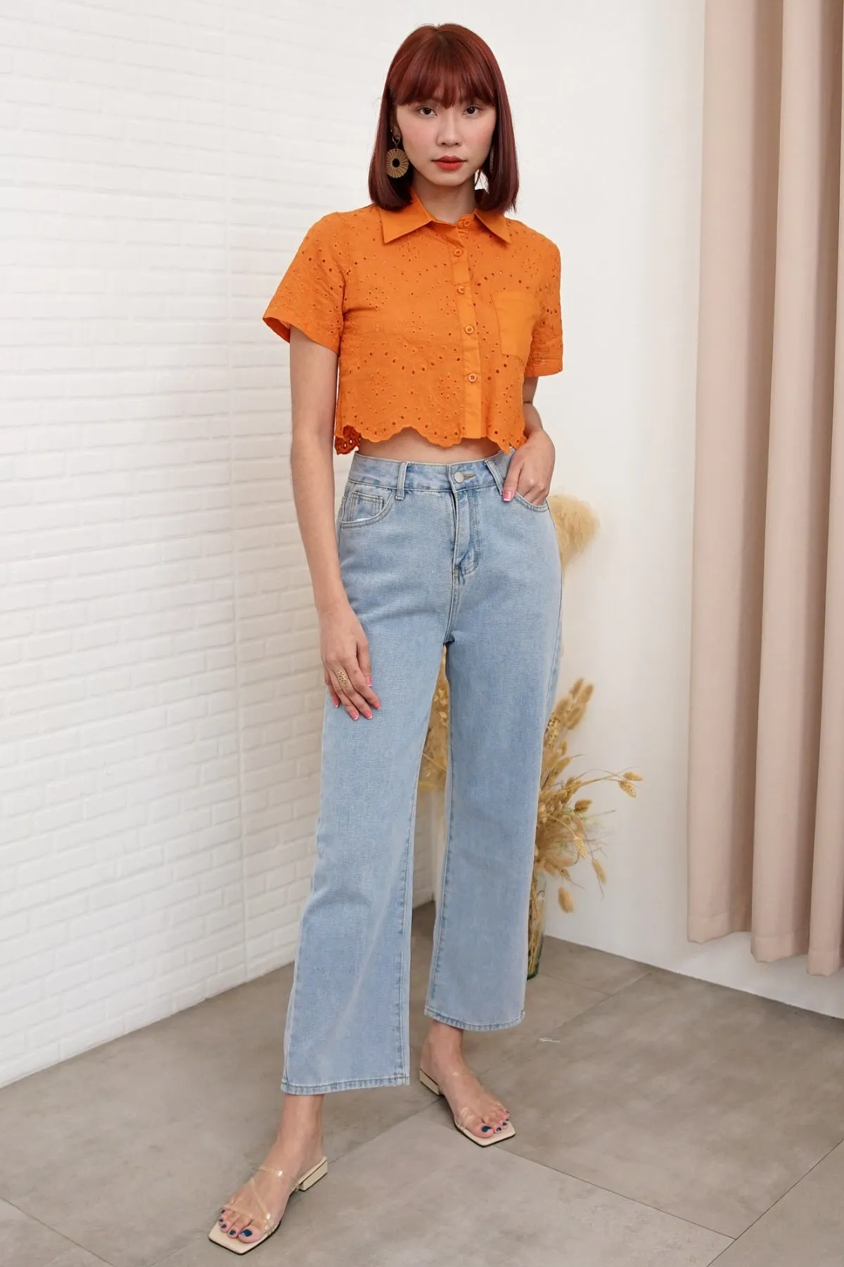 JANE Cropped Button-Down Eyelet Top (Tangerine Orange)