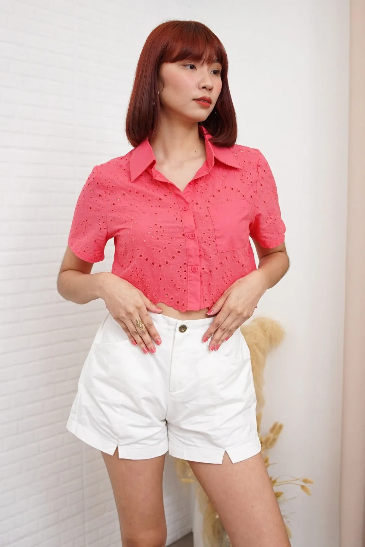 JANE Cropped Button-Down Eyelet Top (Watermelon Pink)