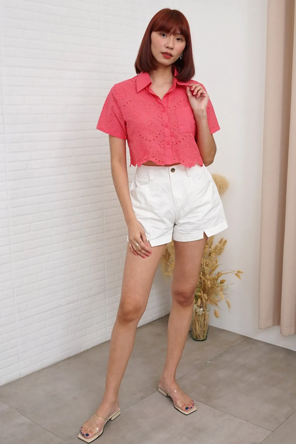 JANE Cropped Button-Down Eyelet Top (Watermelon Pink)