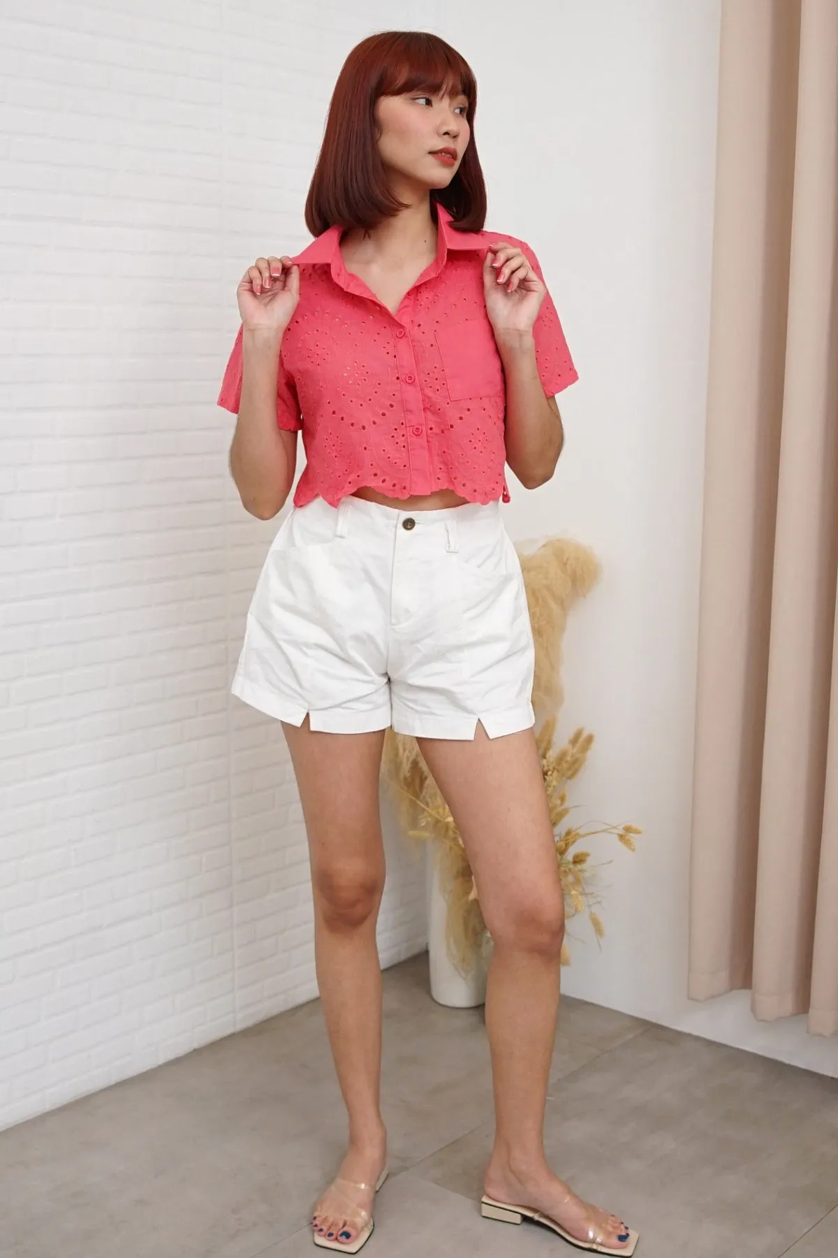 JANE Cropped Button-Down Eyelet Top (Watermelon Pink)