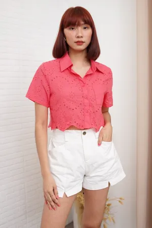 JANE Cropped Button-Down Eyelet Top (Watermelon Pink)