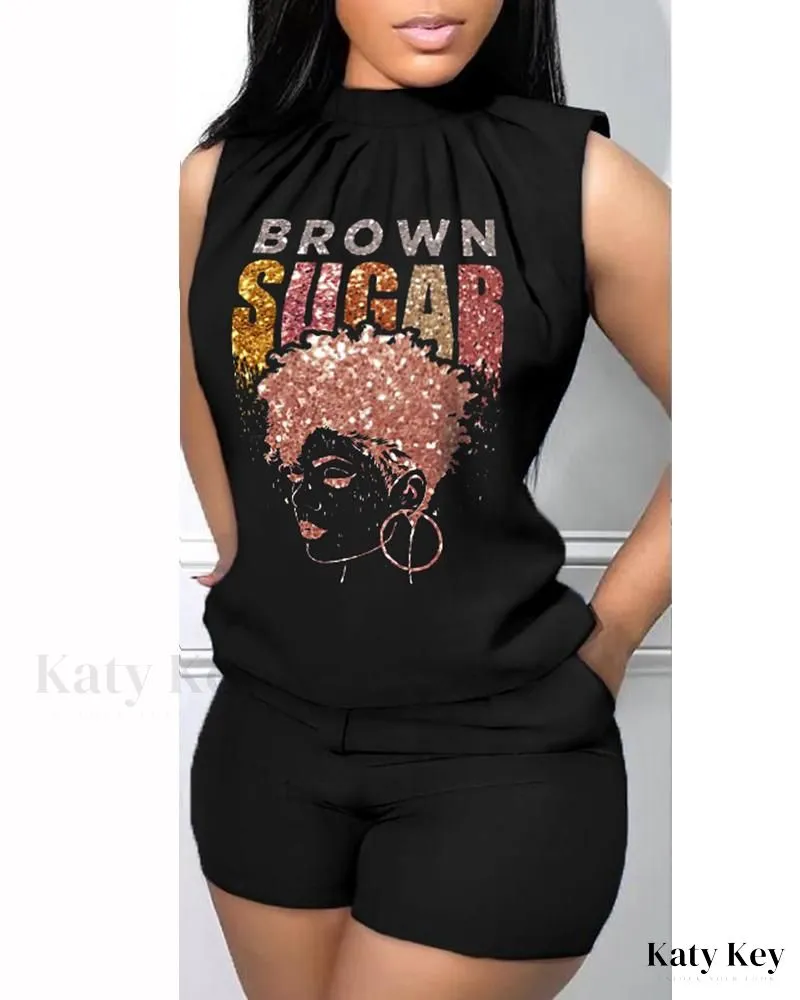 KatyKey - Chic and Stylish Brown Sugar Afro Queen Tank Top & Shorts Set