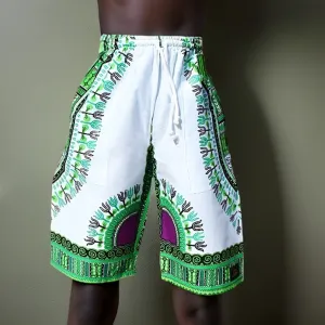 Kids White-Green Dashiki Shorts