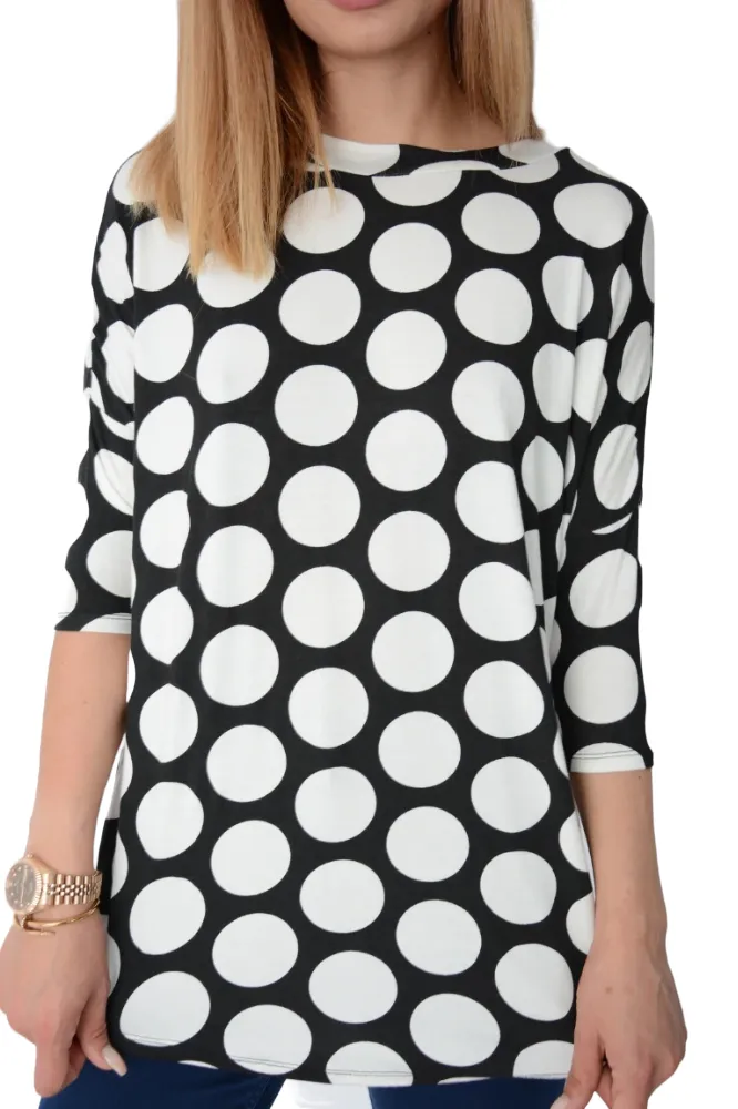 Ladies White & Black Circle Print stretchy Oversize Top