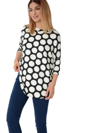 Ladies White & Black Circle Print stretchy Oversize Top