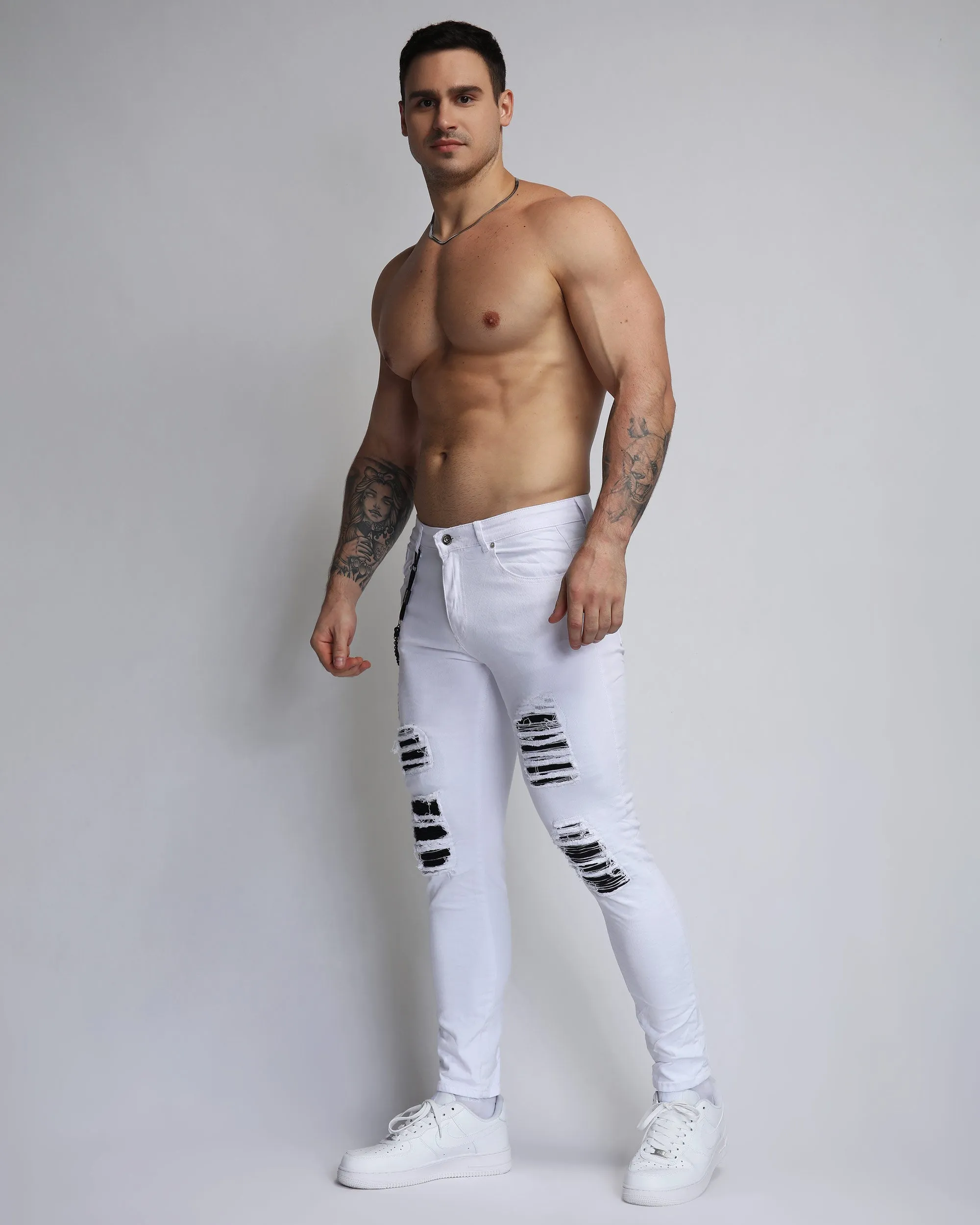 Large Ripped White Jeans with Black Patches-Mexico Local Delivery