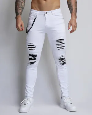 Large Ripped White Jeans with Black Patches