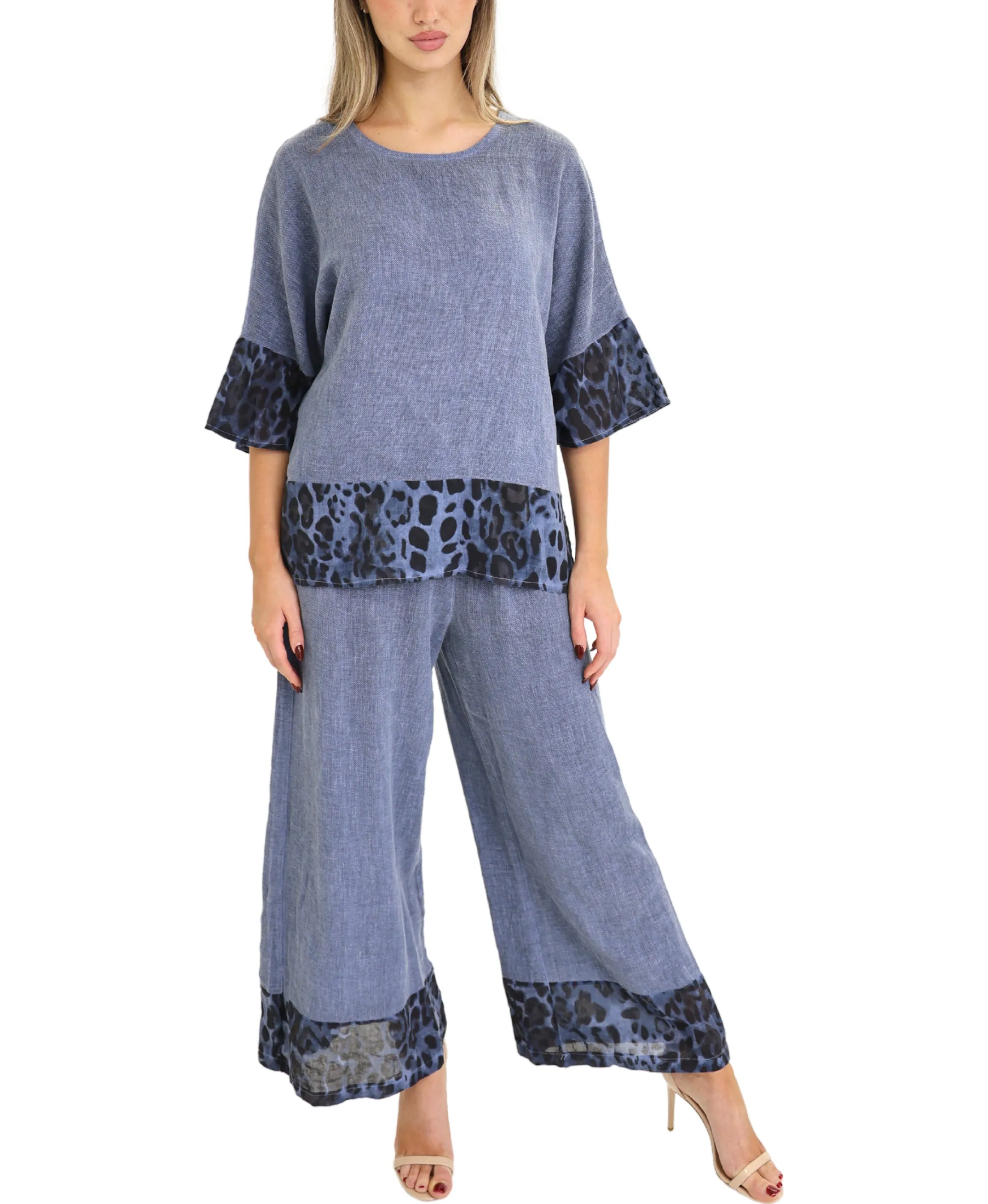 Linen & Cotton Top w/ Leopard Trim