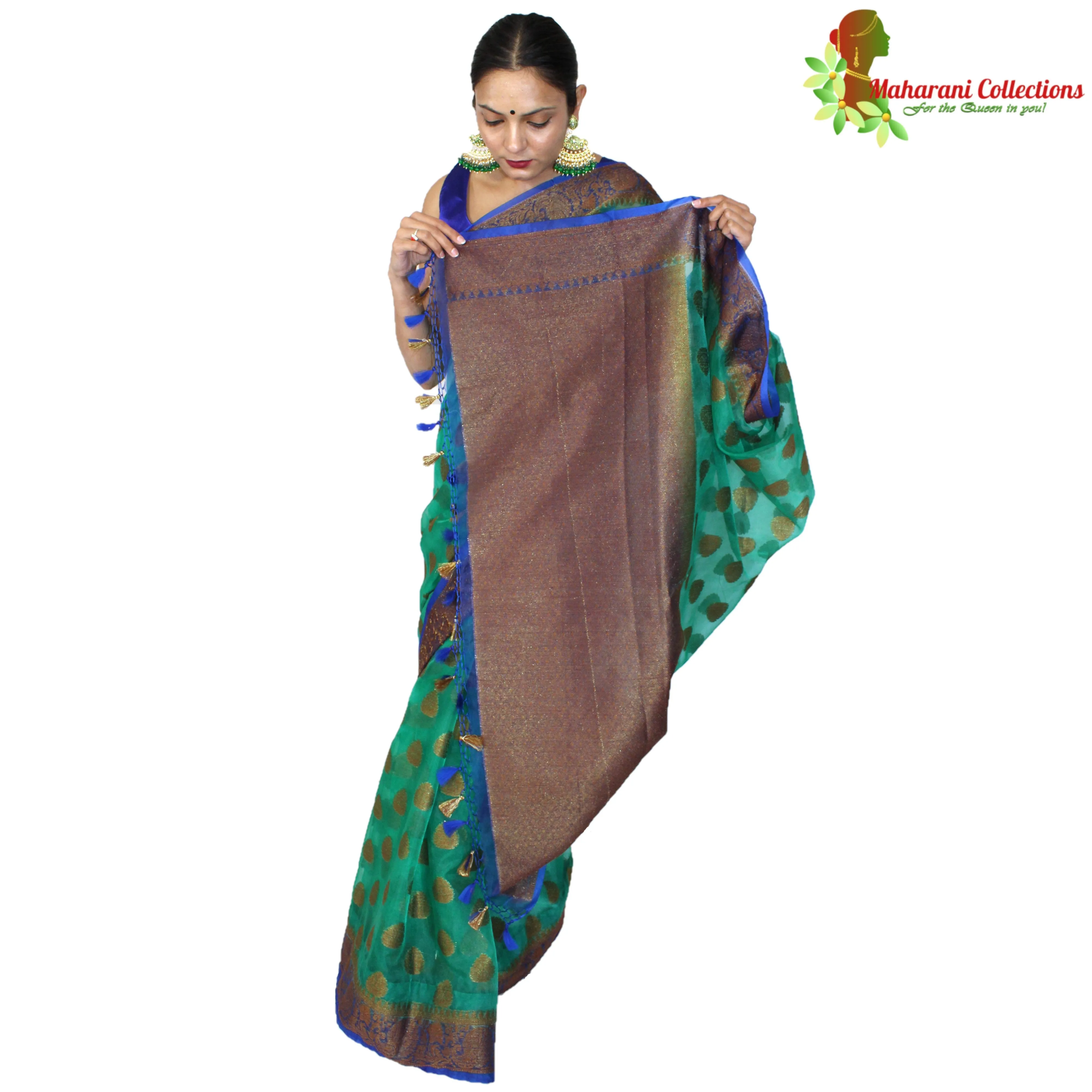Maharani's Fancy Banarasi Silk Saree - Green (with Stitched Blouse and Petticoat)