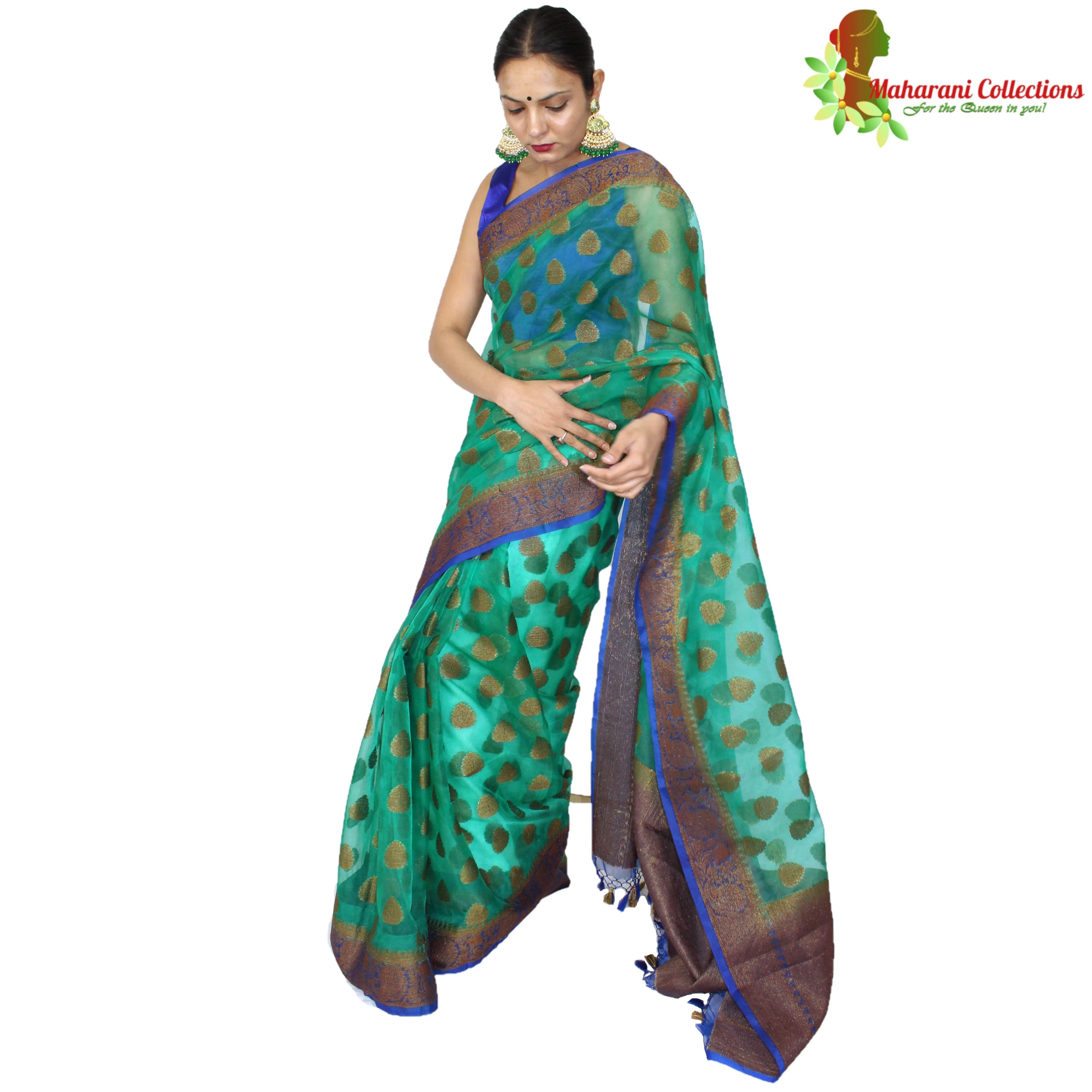 Maharani's Fancy Banarasi Silk Saree - Green (with Stitched Blouse and Petticoat)