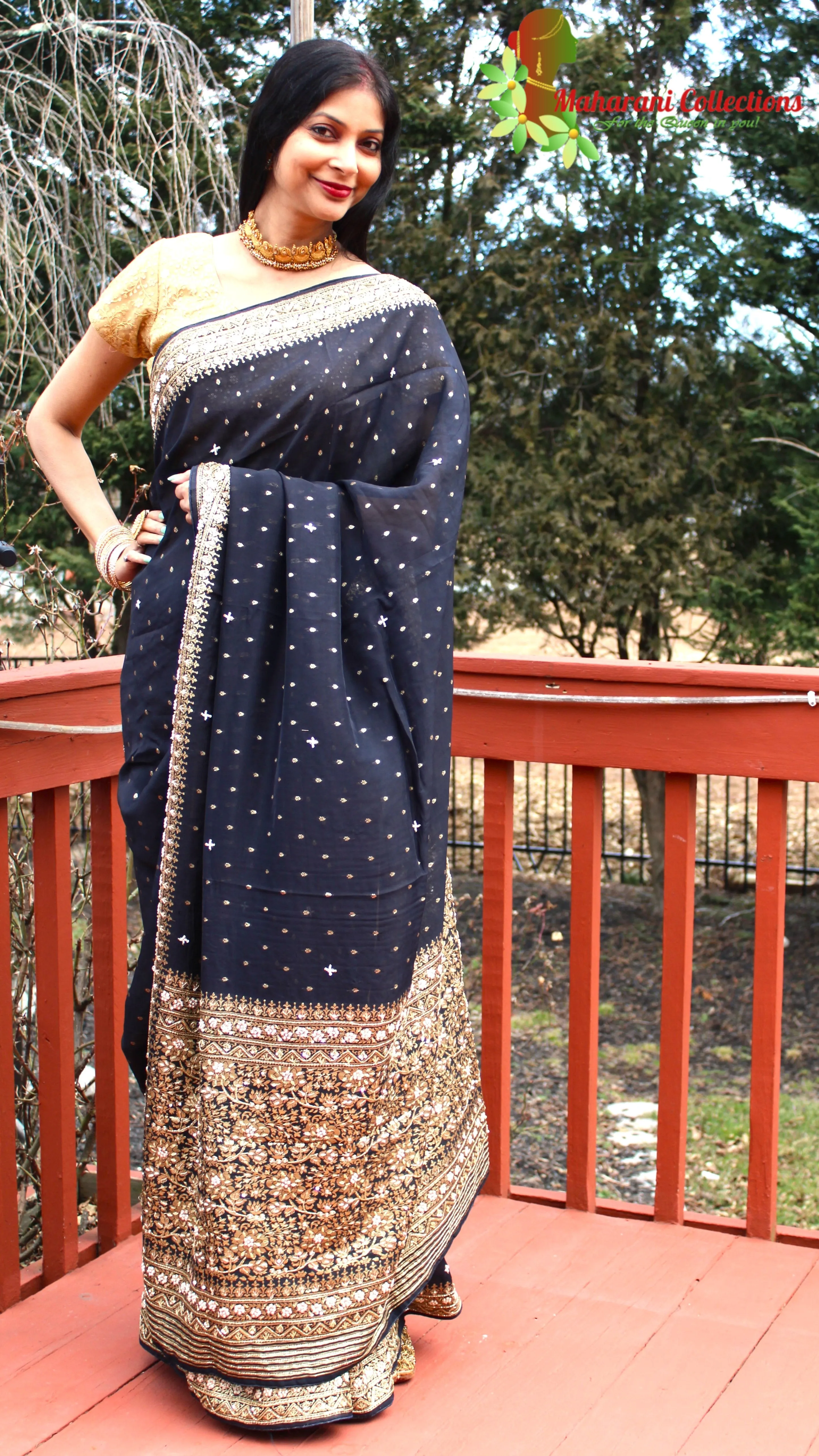 Maharani's Pure Banarasi Georgette Saree - Black (with Stitched Petticoat)