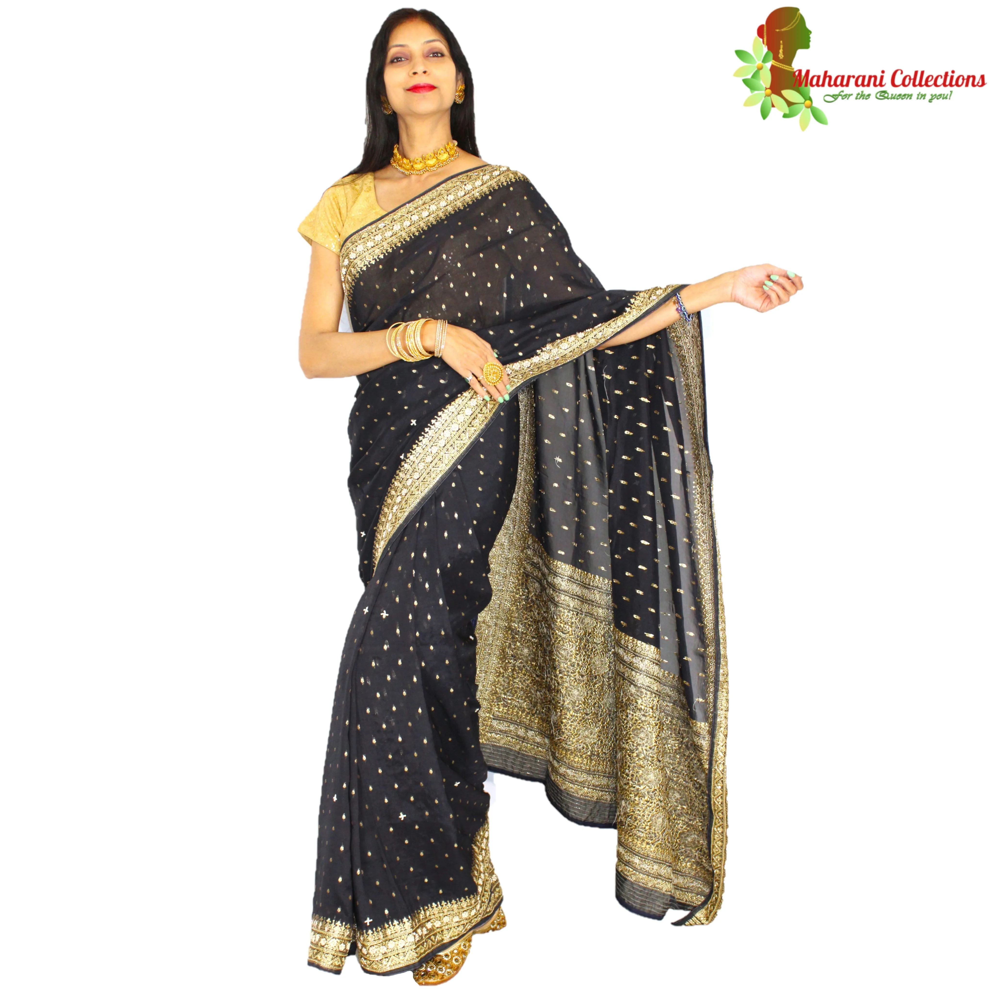 Maharani's Pure Banarasi Georgette Saree - Black (with Stitched Petticoat)