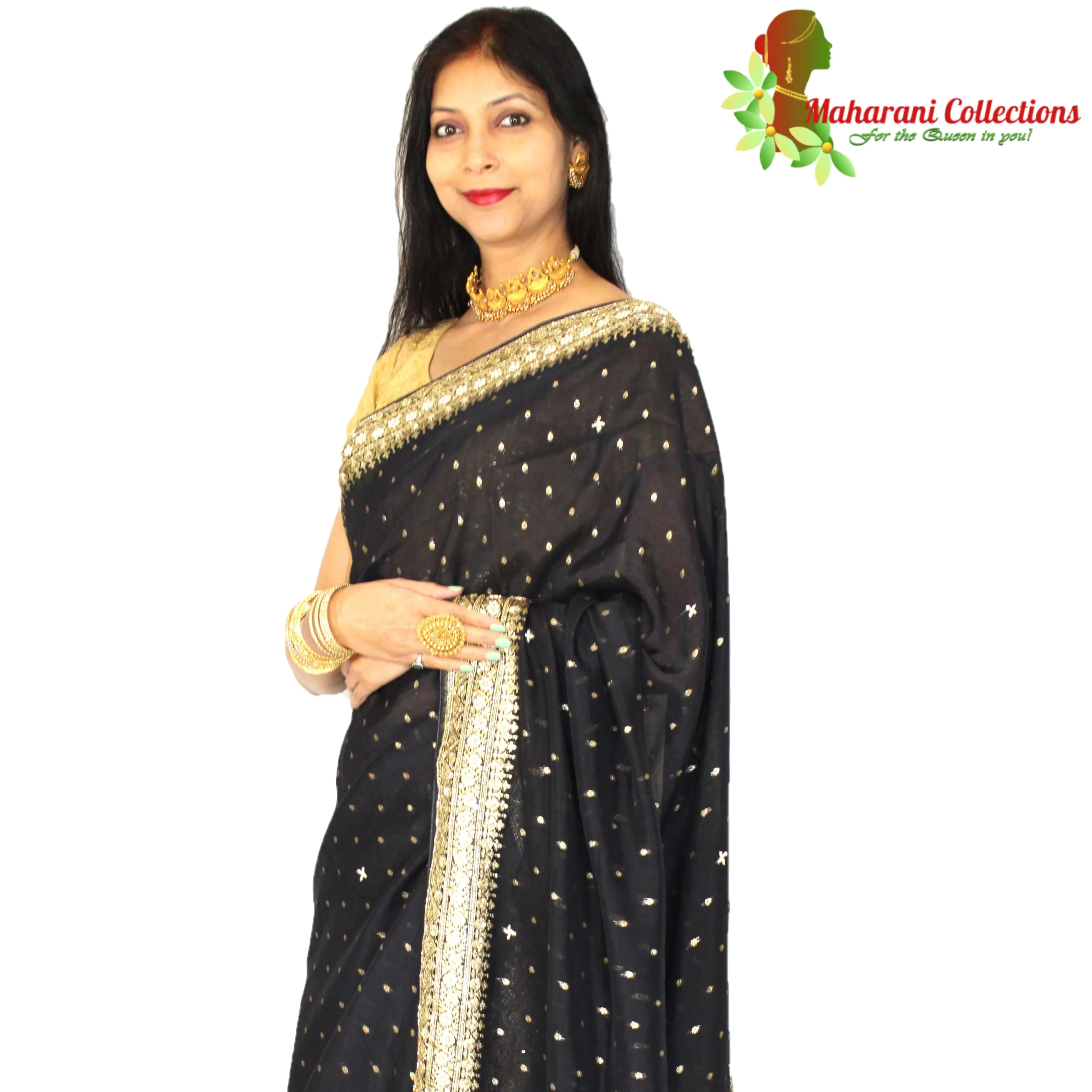 Maharani's Pure Banarasi Georgette Saree - Black (with Stitched Petticoat)