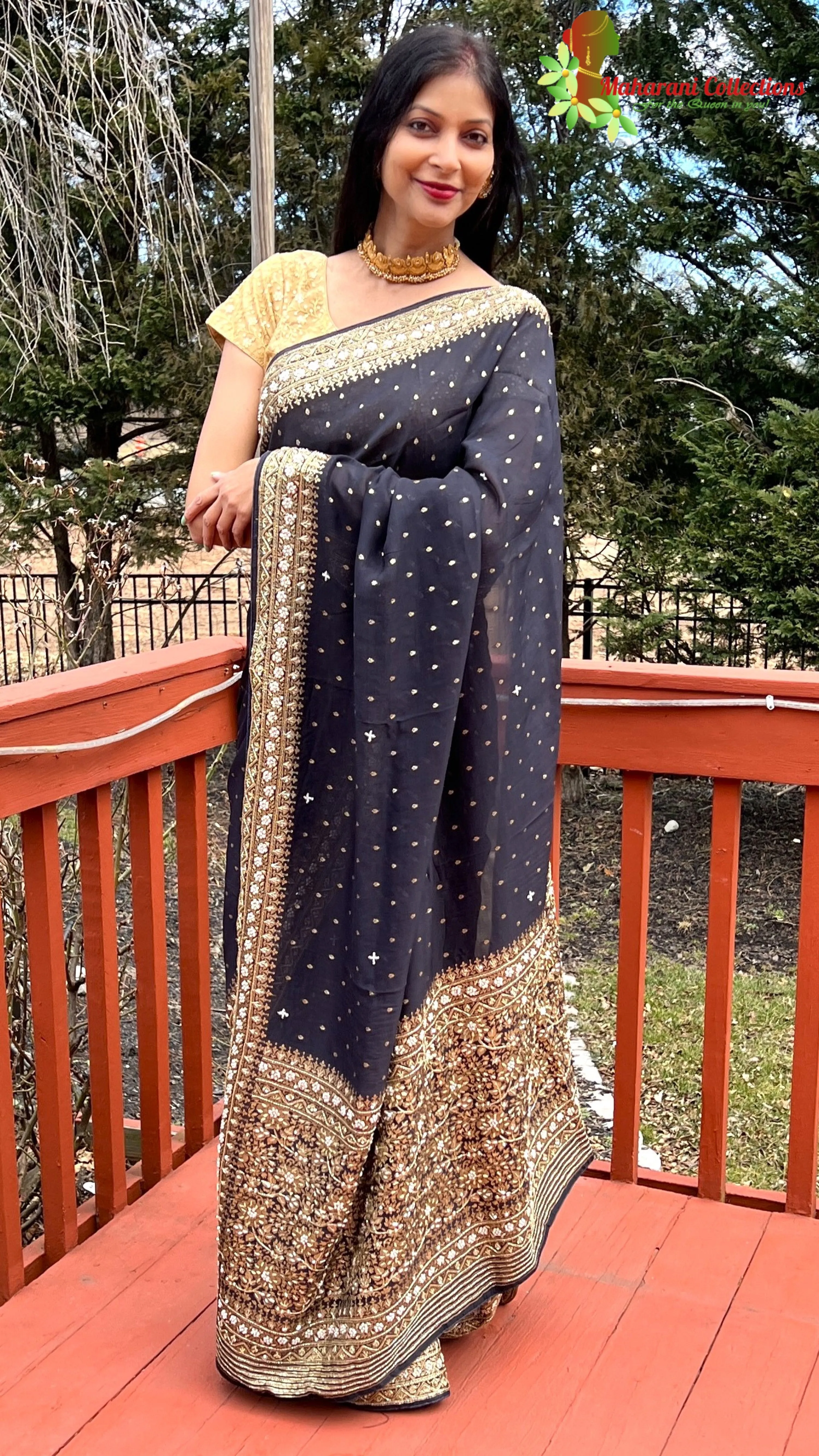 Maharani's Pure Banarasi Georgette Saree - Black (with Stitched Petticoat)