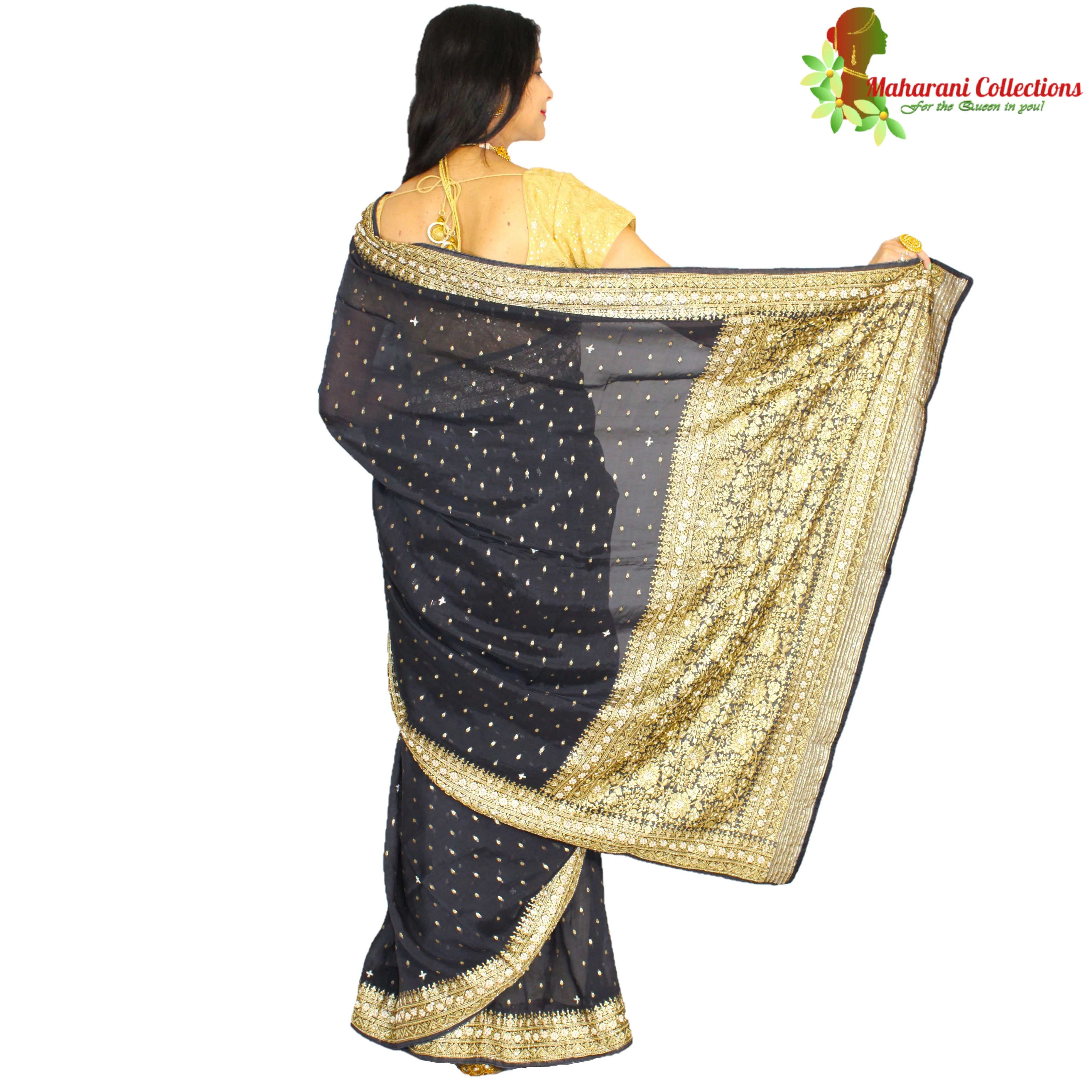 Maharani's Pure Banarasi Georgette Saree - Black (with Stitched Petticoat)