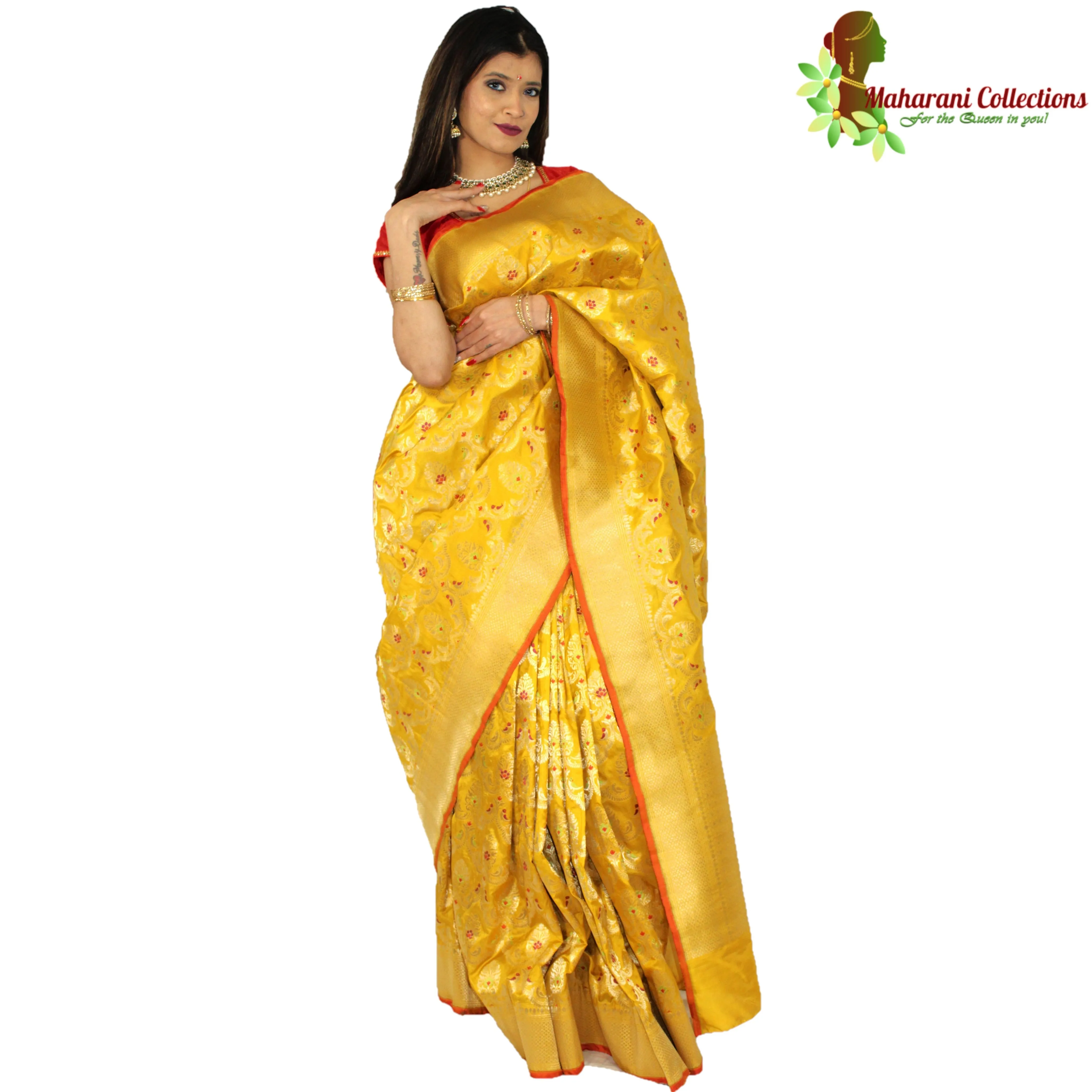 Maharani's Pure Banarasi Silk Saree - Deep Yellow (with Stitched Petticoat)