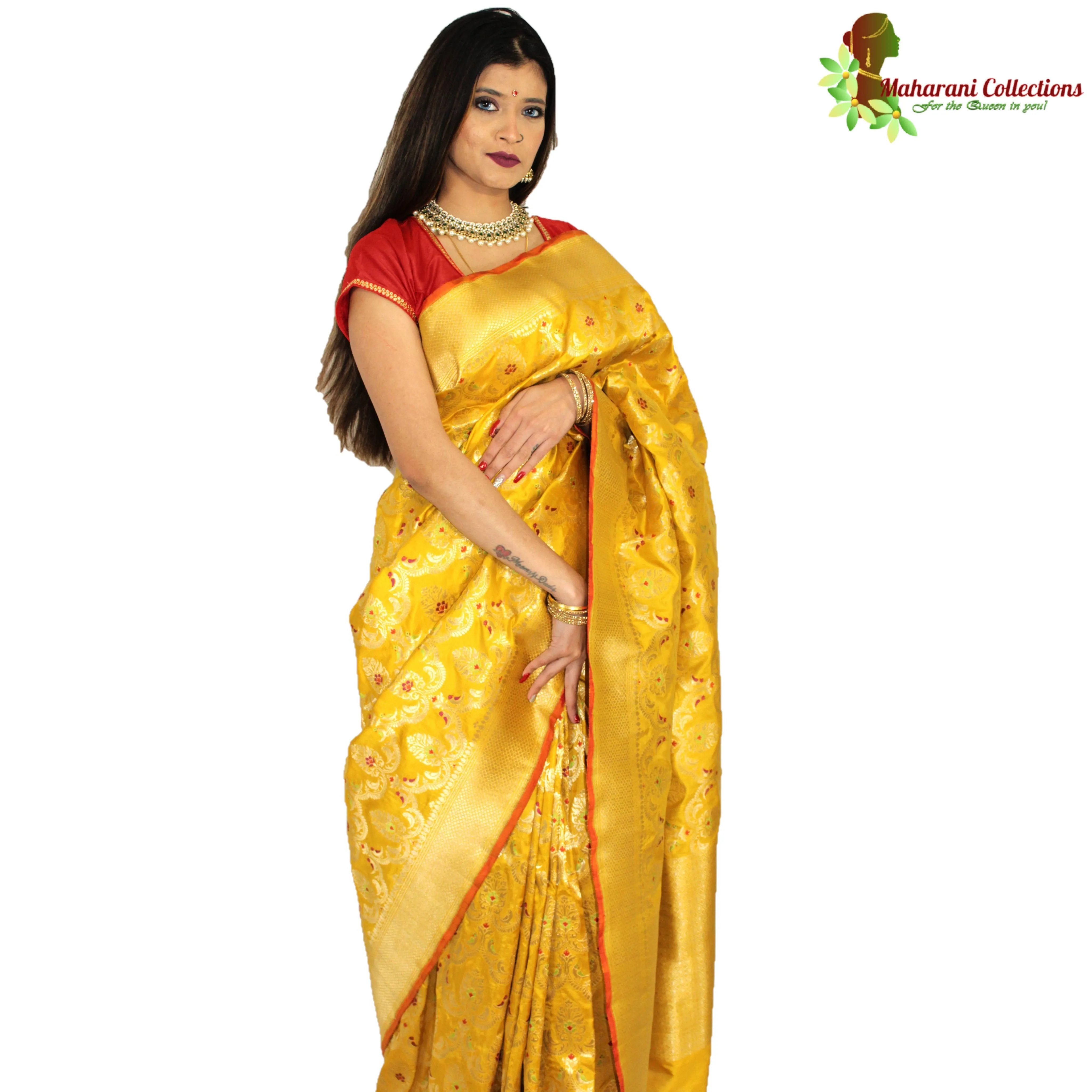 Maharani's Pure Banarasi Silk Saree - Deep Yellow (with Stitched Petticoat)