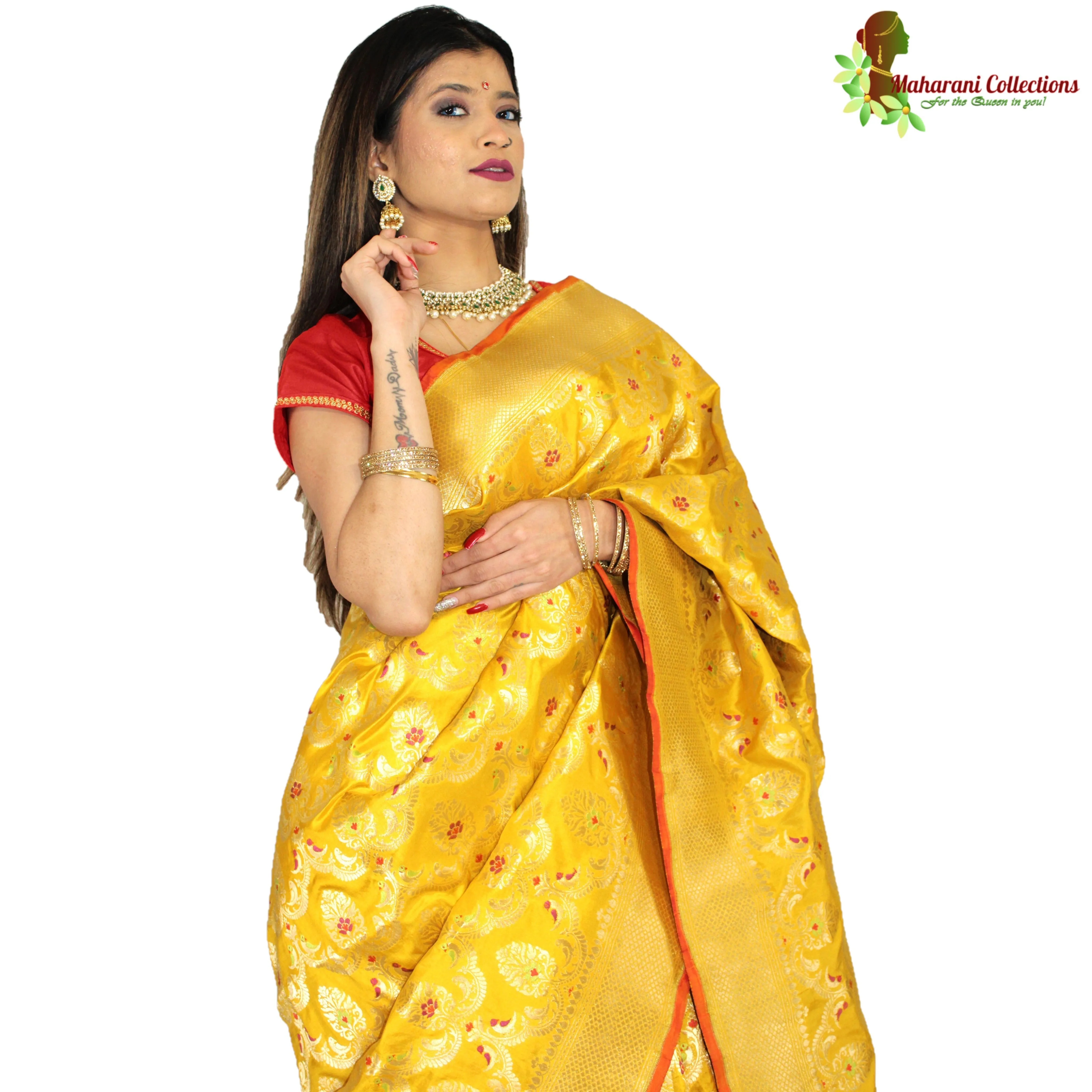 Maharani's Pure Banarasi Silk Saree - Deep Yellow (with Stitched Petticoat)