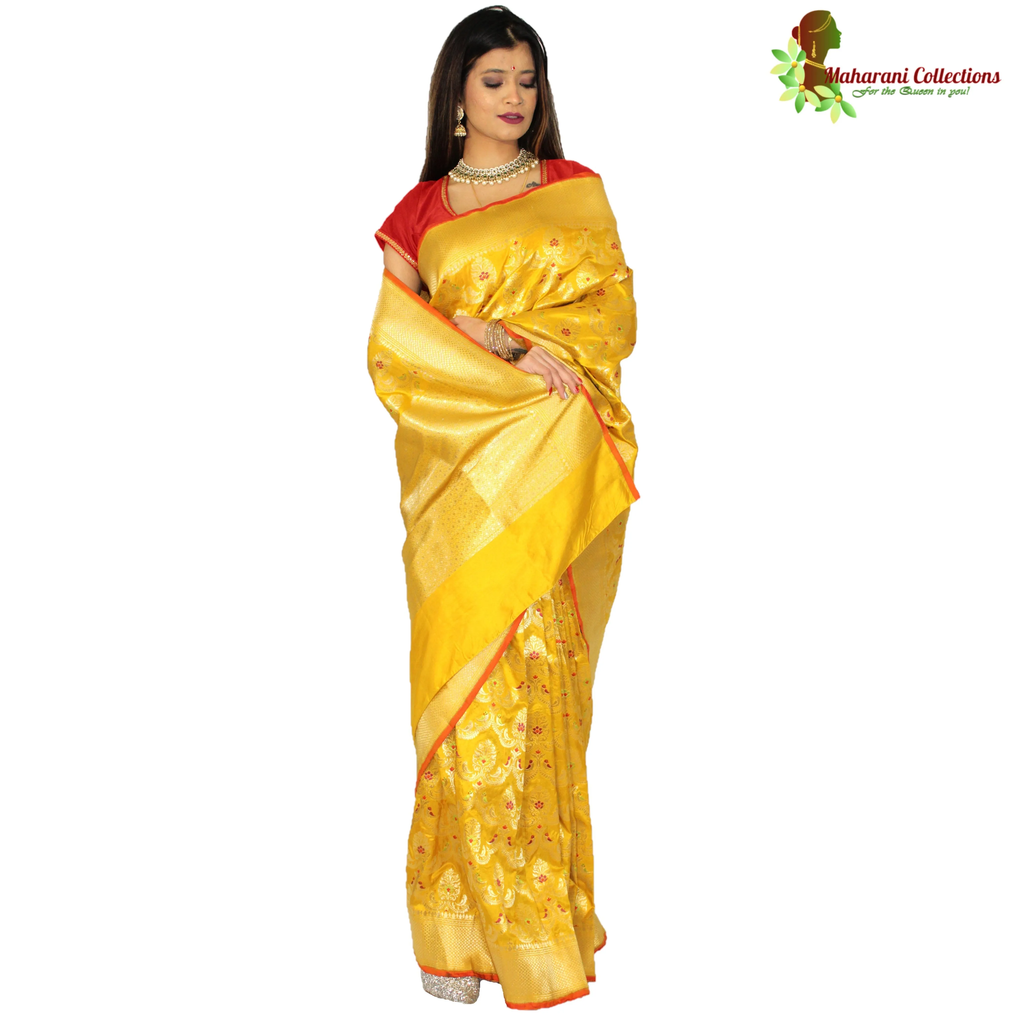 Maharani's Pure Banarasi Silk Saree - Deep Yellow (with Stitched Petticoat)