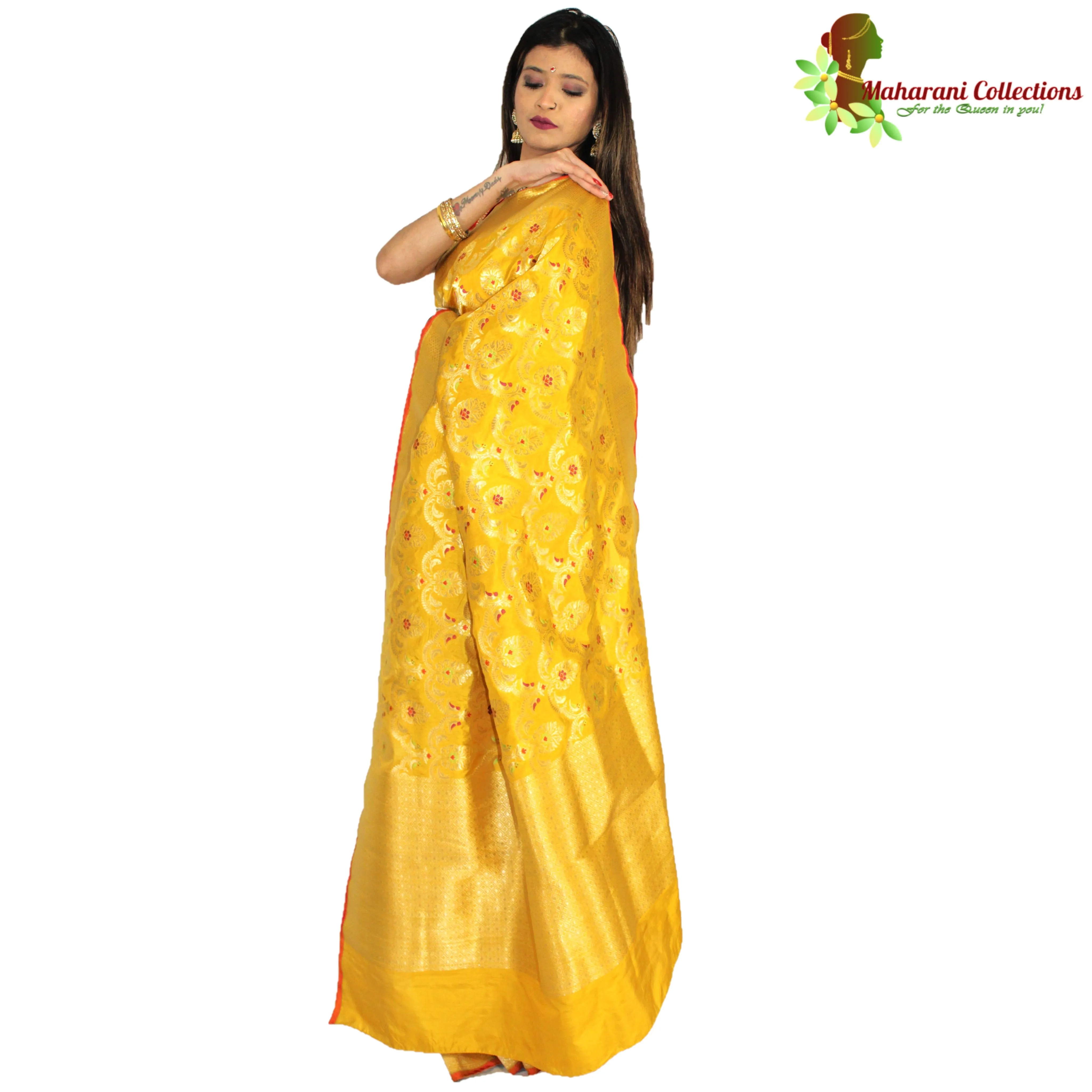 Maharani's Pure Banarasi Silk Saree - Deep Yellow (with Stitched Petticoat)