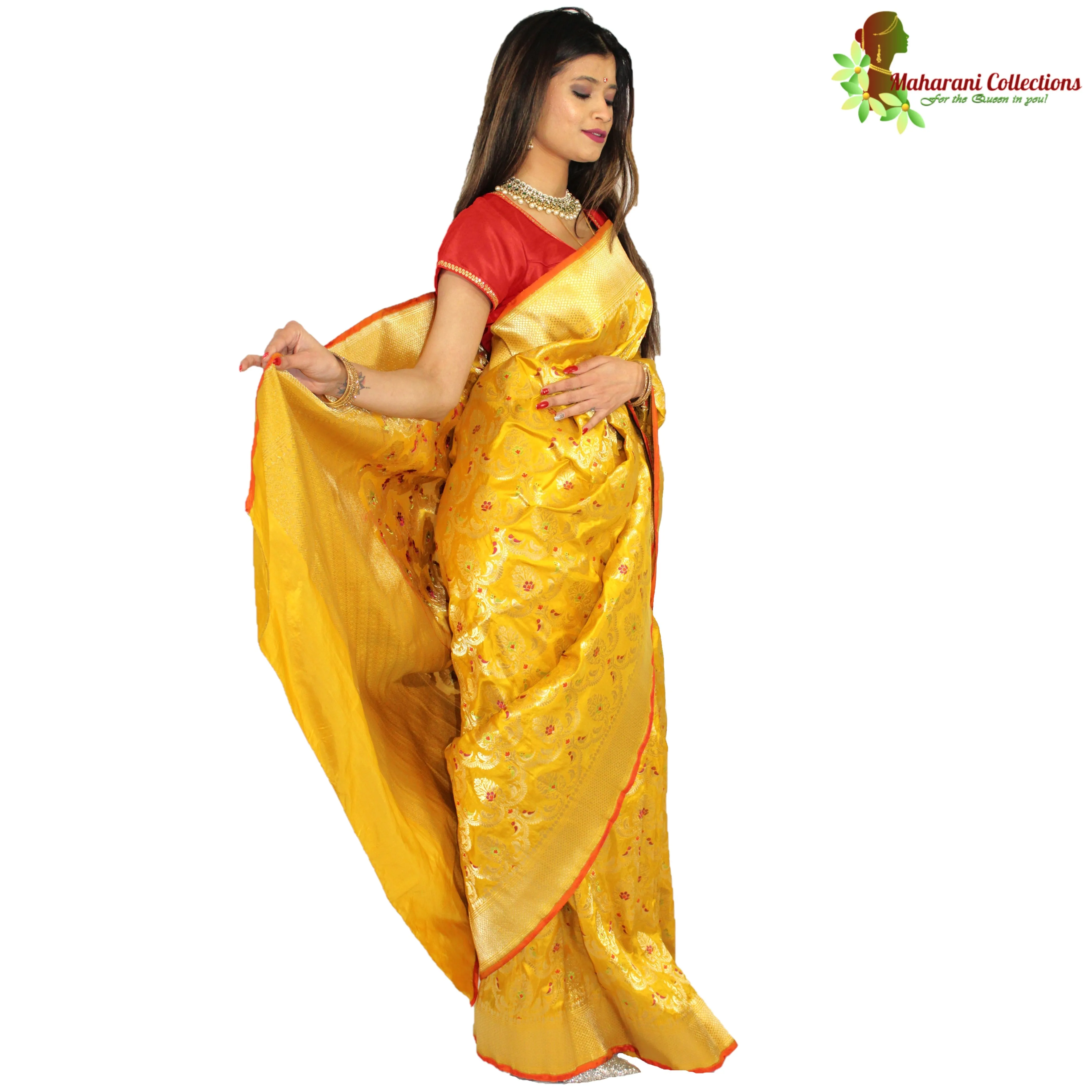 Maharani's Pure Banarasi Silk Saree - Deep Yellow (with Stitched Petticoat)