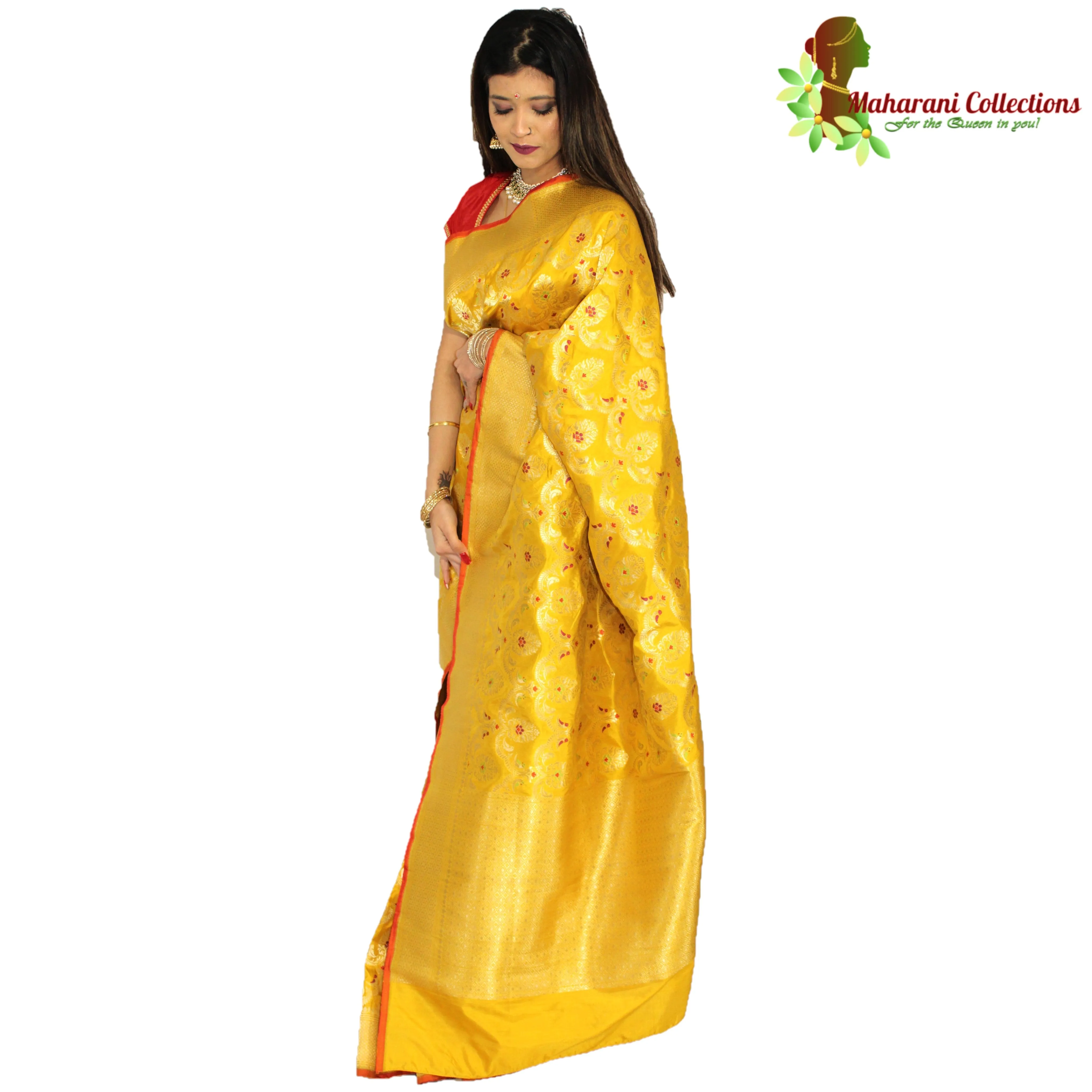 Maharani's Pure Banarasi Silk Saree - Deep Yellow (with Stitched Petticoat)